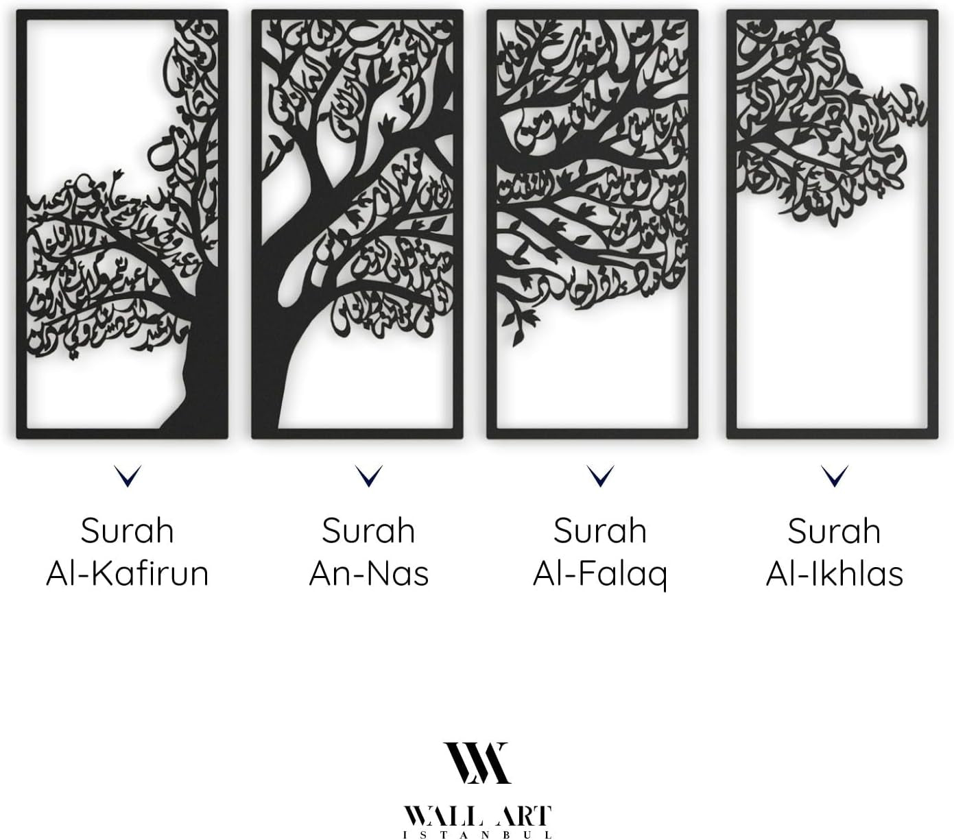 Stunning Large Metal Tree of Surahs Wall Art Set - 4 Quls (Surah Al Ikhlas, Al Falaq, Al Nas, Al Kafirun) - Exquisite Arabic Calligraphy for Muslim Home Decor & Thoughtful Islamic Gifts - Total Size: 78.7 X 38.5 Inches