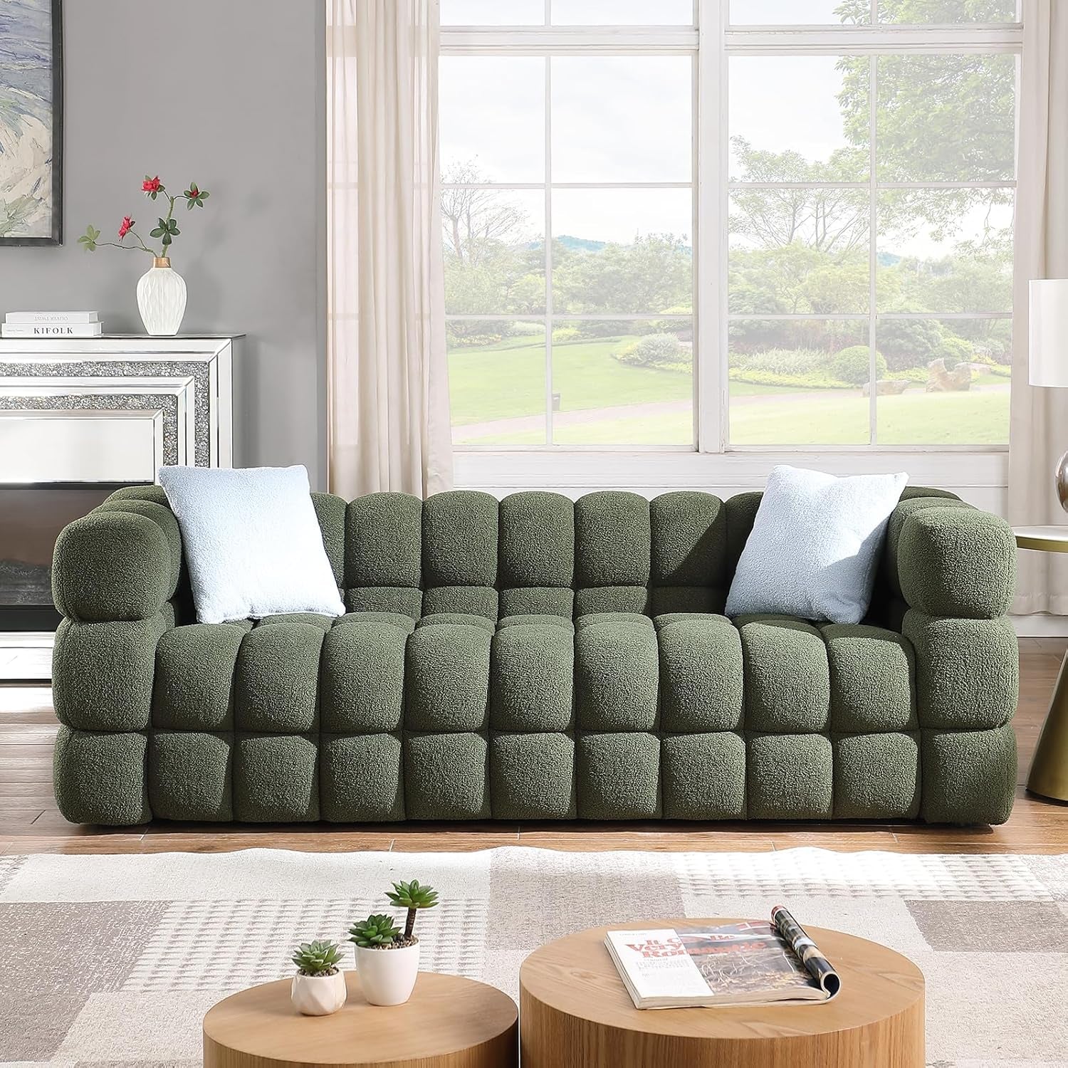Luxurious 86" Mid Century Modern Cloud Couch - Plush 3 Seater with Solid Wood Frame & 2 Decorative Throw Pillows - Perfect for Your Living Room!