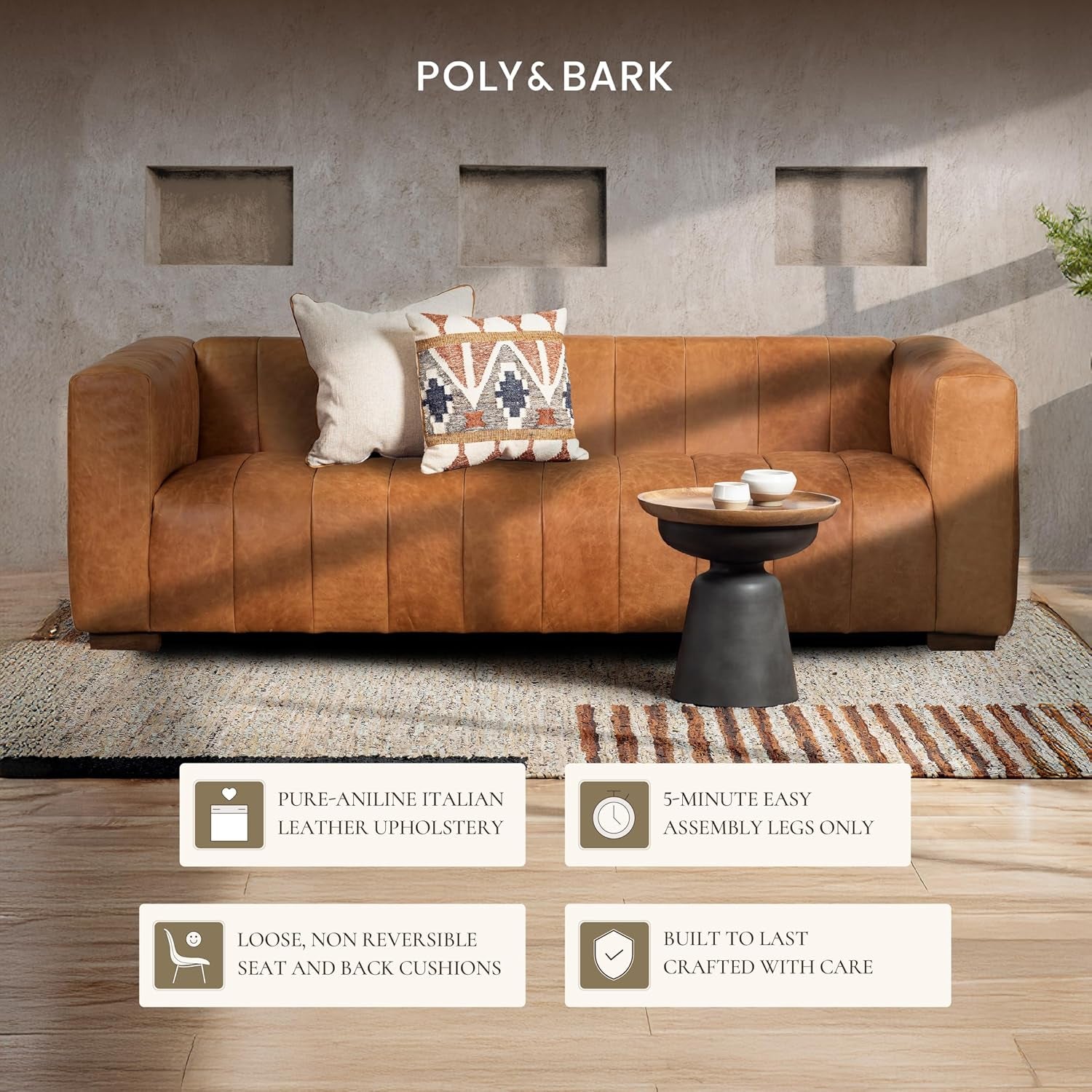 Canale 86" Full-Grain Channel Tufted Leather Couch - Luxurious Vintage Italian Leather Sofa in Cognac Tan for Your Living Room