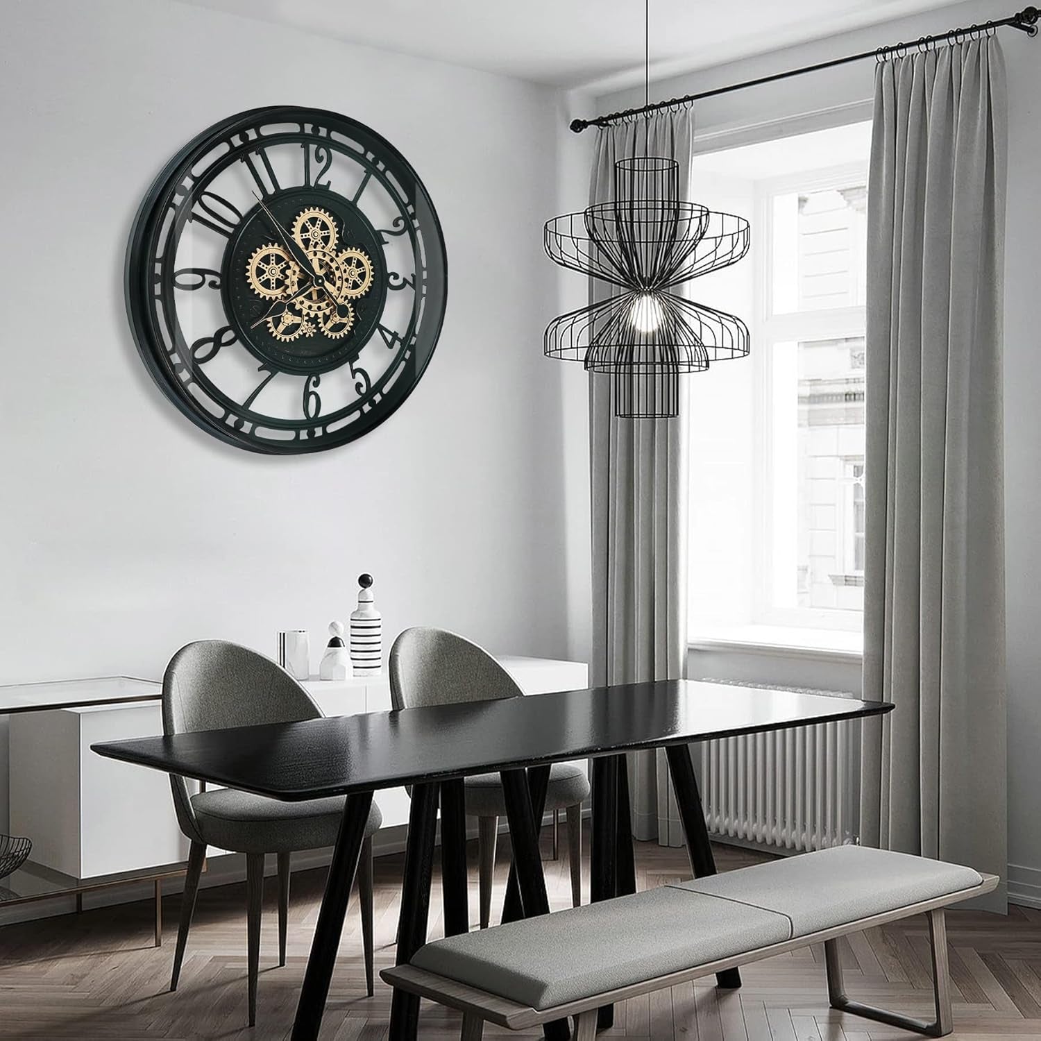 Large Industrial Steampunk Metal Wall Clock - 27.6 Inch Black Gold Rustic Decor for Living Room, Farmhouse & Office