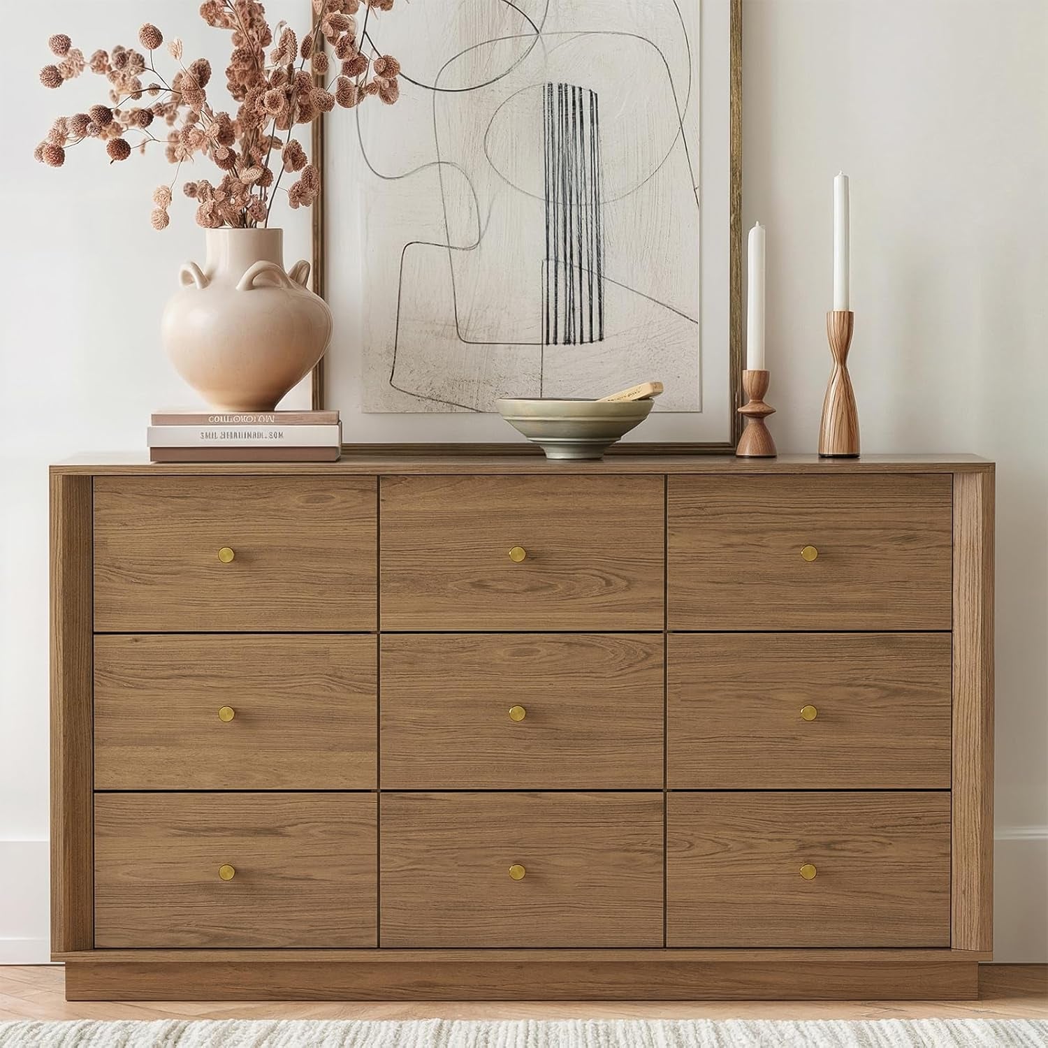 Mid Century Modern 9 Drawer Dresser - 55" Walnut Chest with Stylish Wood Grain Texture for Bedroom, Living Room & Hallway Storage