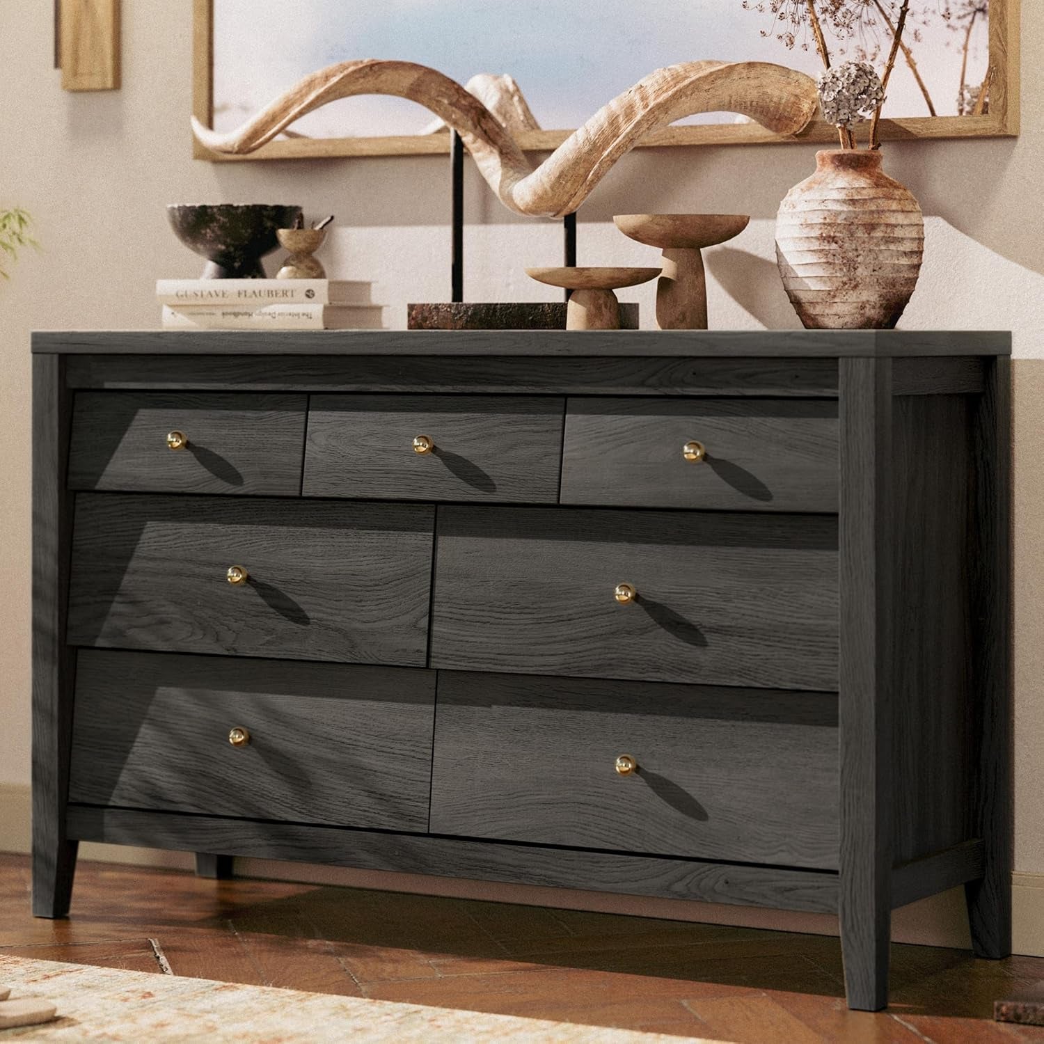Stylish Black 7-Drawer Farmhouse Dresser - Versatile Storage for Bedroom and Living Room