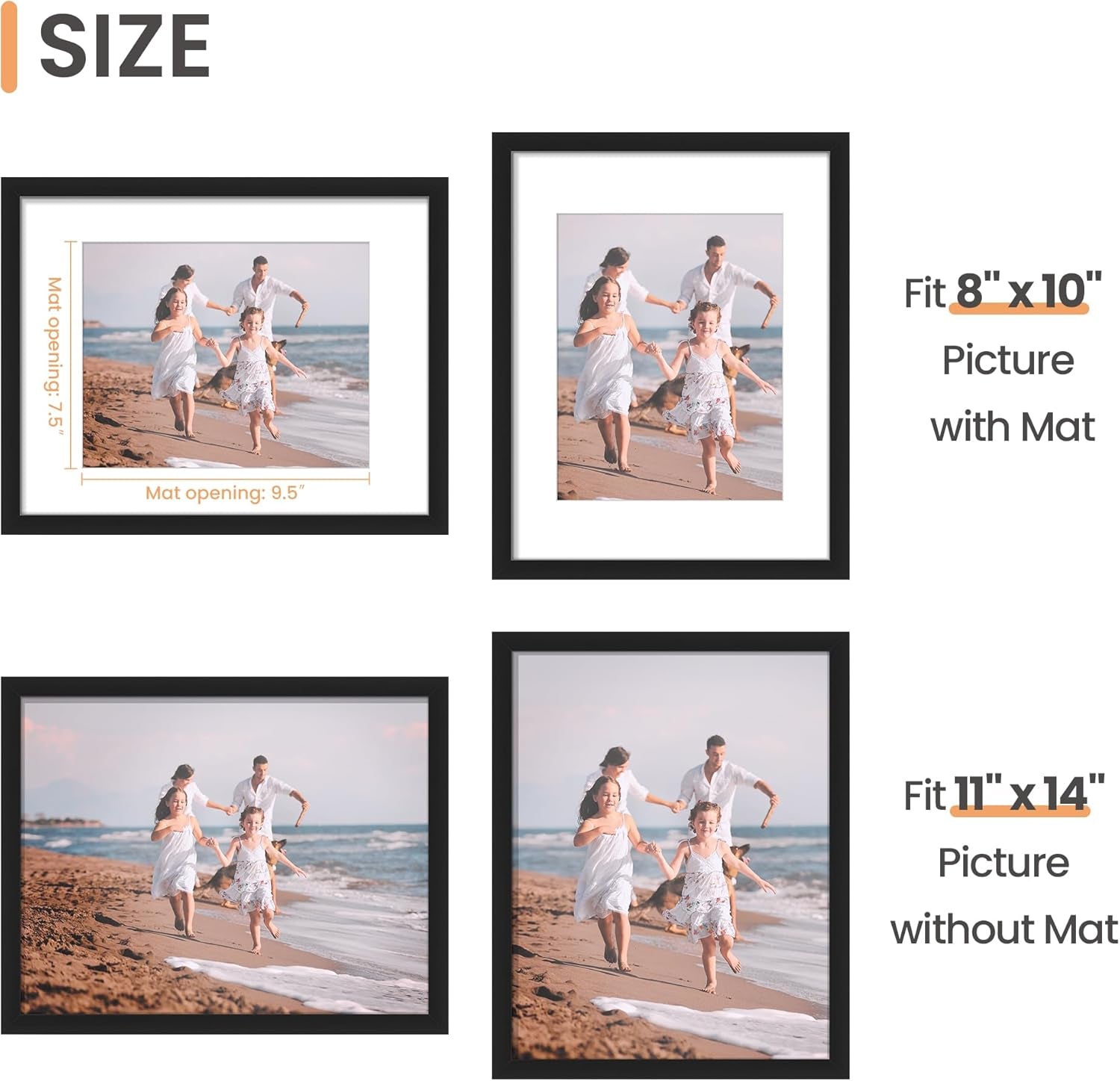Elegant Black 11x14 Picture Frame - Versatile Display for 8x10 Photos with Mat or 11x14 Without Mat - Perfect Wall Hanging Decor, 1 Pack