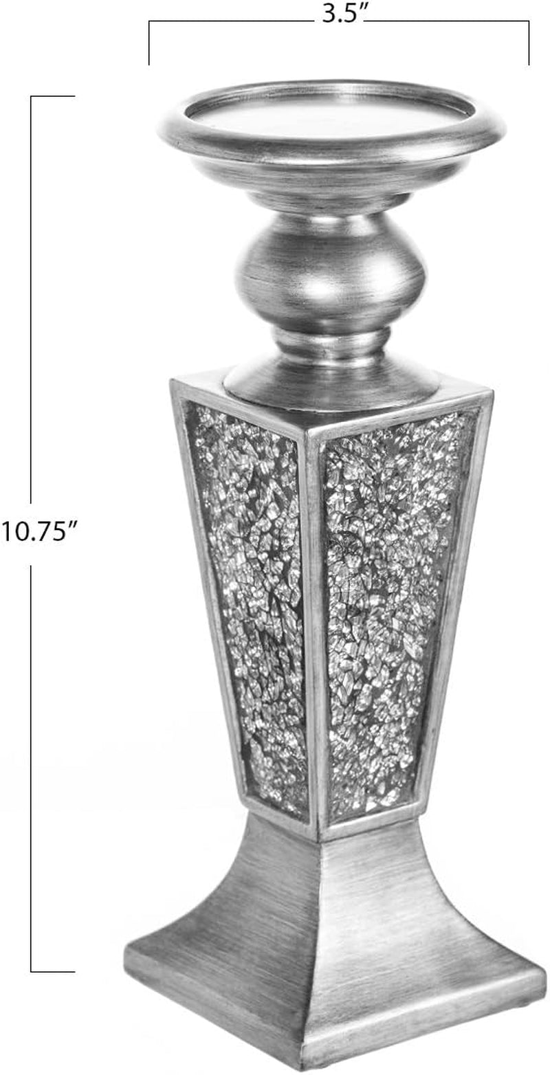 Schonwerk Silver Pillar Candle Holder Set of 2 - Crackled Mosaic Design - Elegant Centerpiece for Living and Dining Rooms - Ideal Coffee Table Decoration and Gift