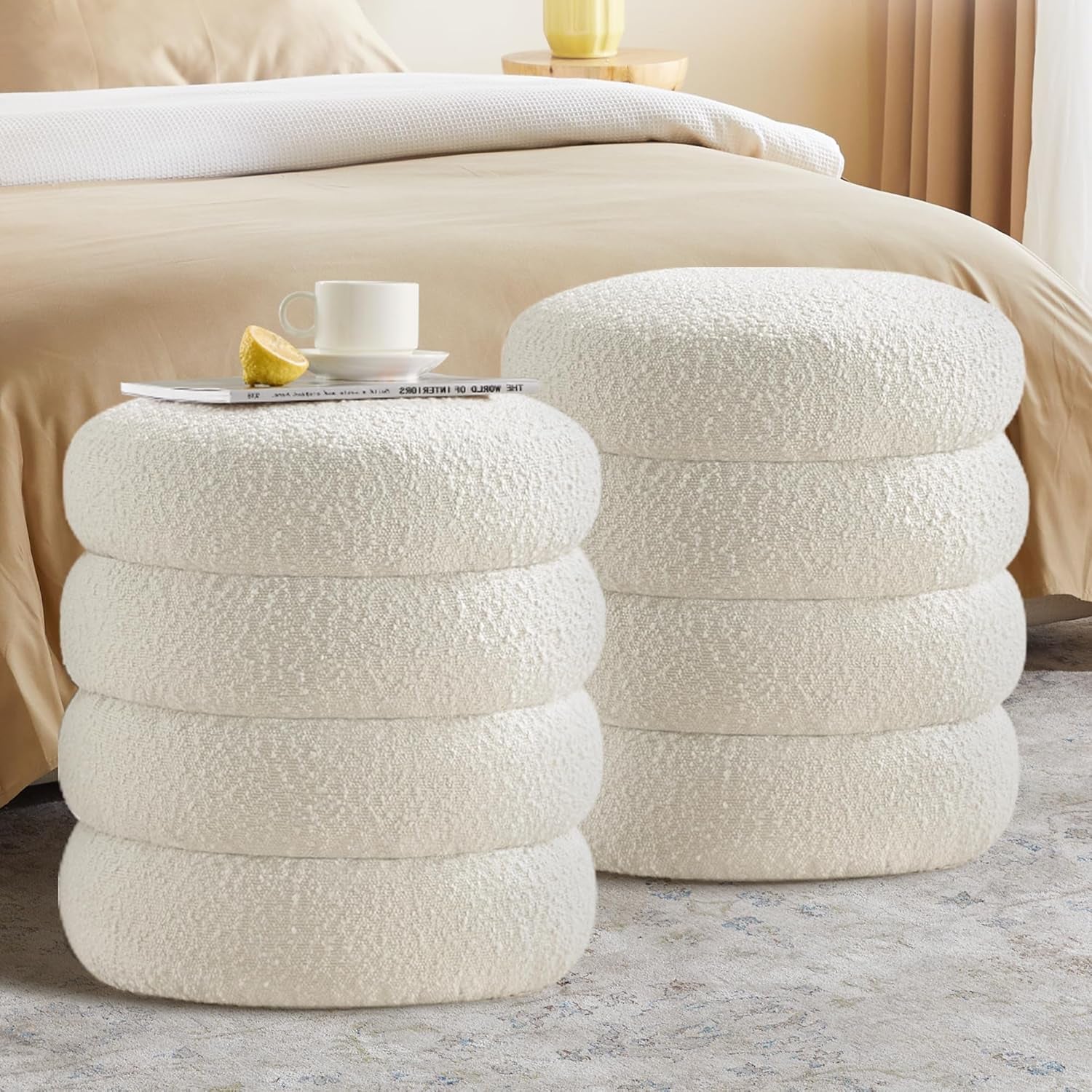 Set of 2 Modern White Round Storage Ottomans – Stylish Upholstered Foot Stools for Living Room, Dorm or Home Decor