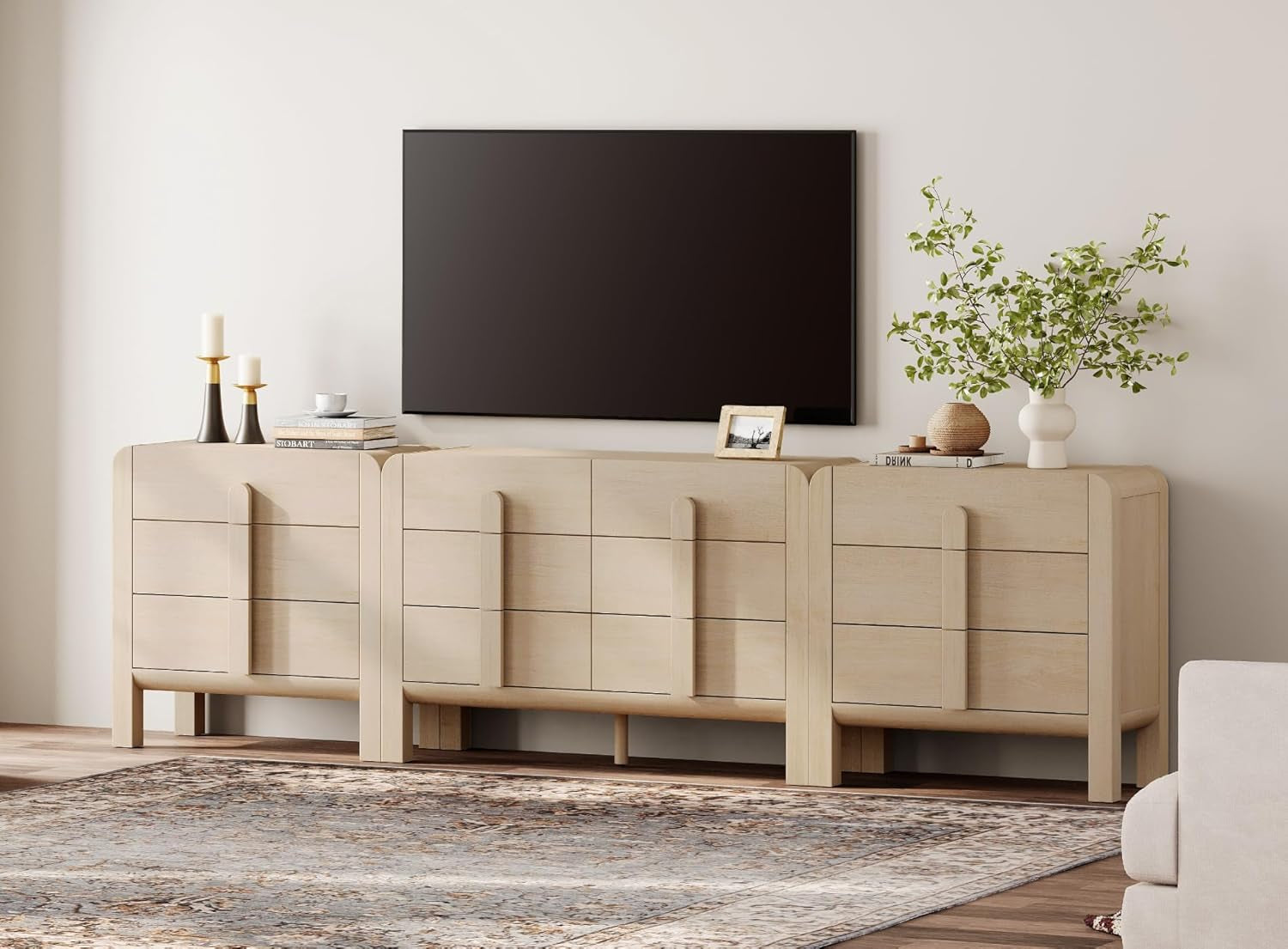 Elegant 3-Piece Mid Century Modern Bedroom Dresser Set - 110.2" Wide Chest of Drawers with Curved Handles, 12 Drawer Organizer, Light Oak Finish