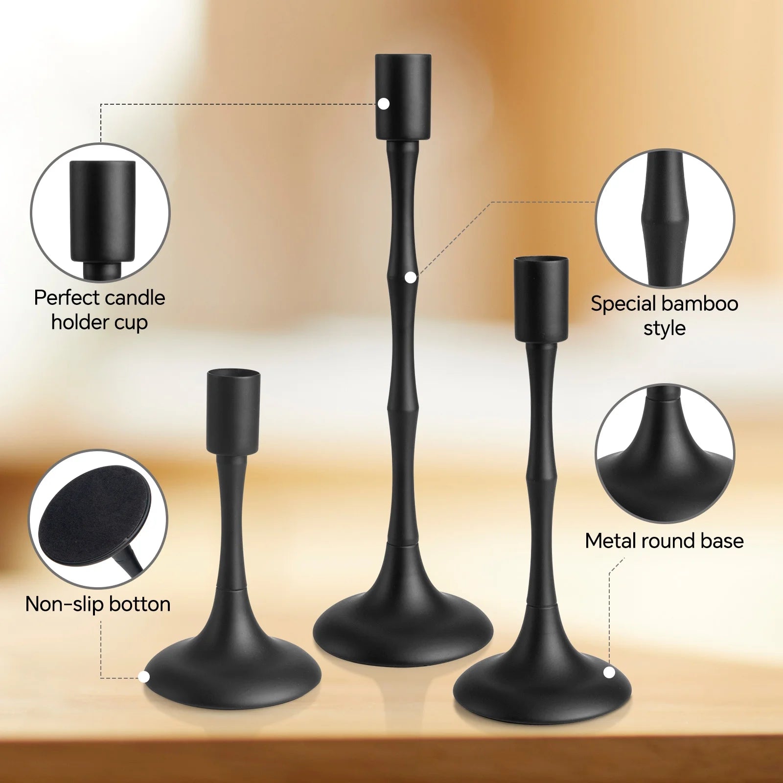 Elegant Black Metal Taper Candle Holders - Set of 3 Candelabras for Weddings, Dining & Home Decor