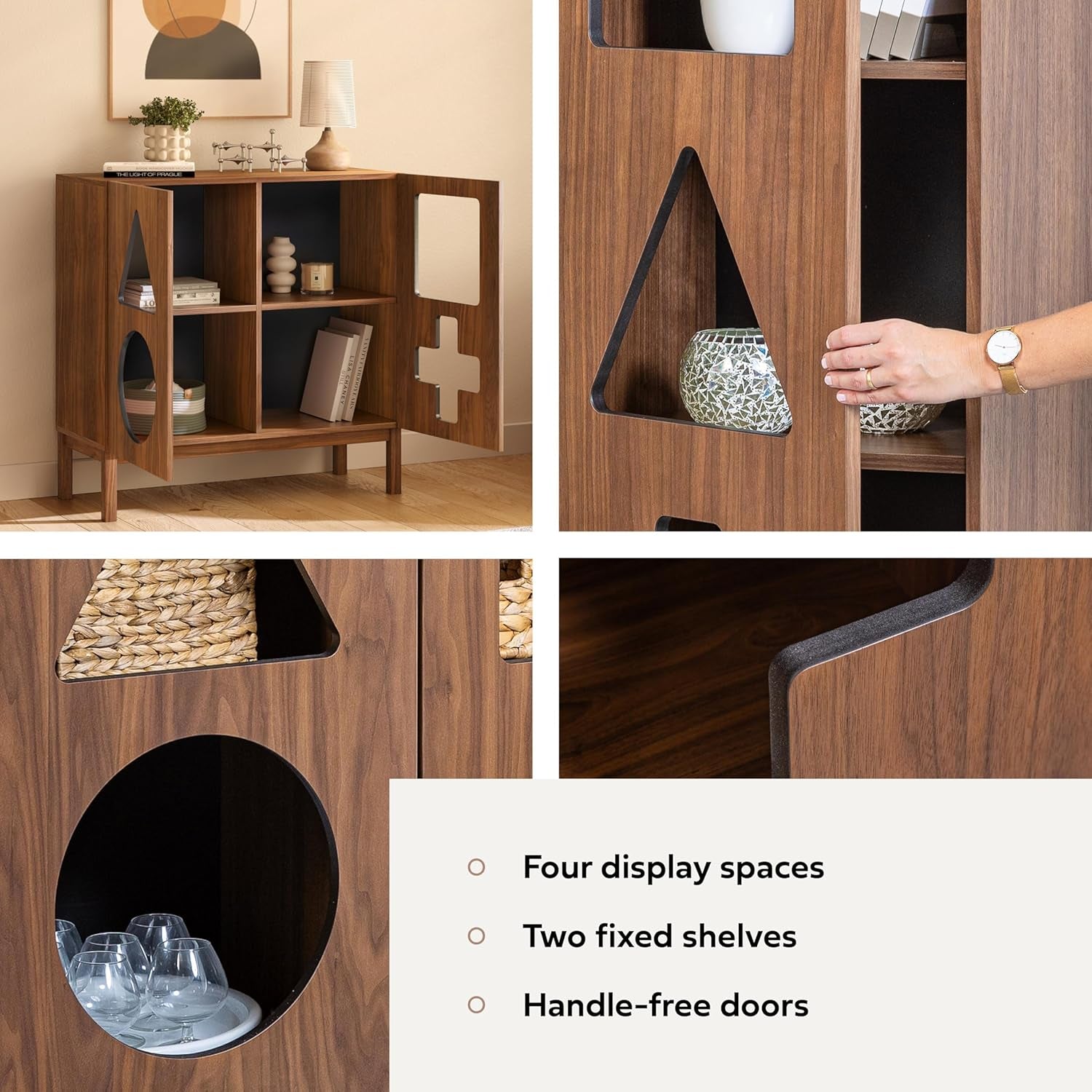Elevate Your Space: 37'' Modern Walnut Display Cabinet with Geometric Cut-Out Doors - Perfect for Collectibles in Dining Room, Living Room, or Entryway
