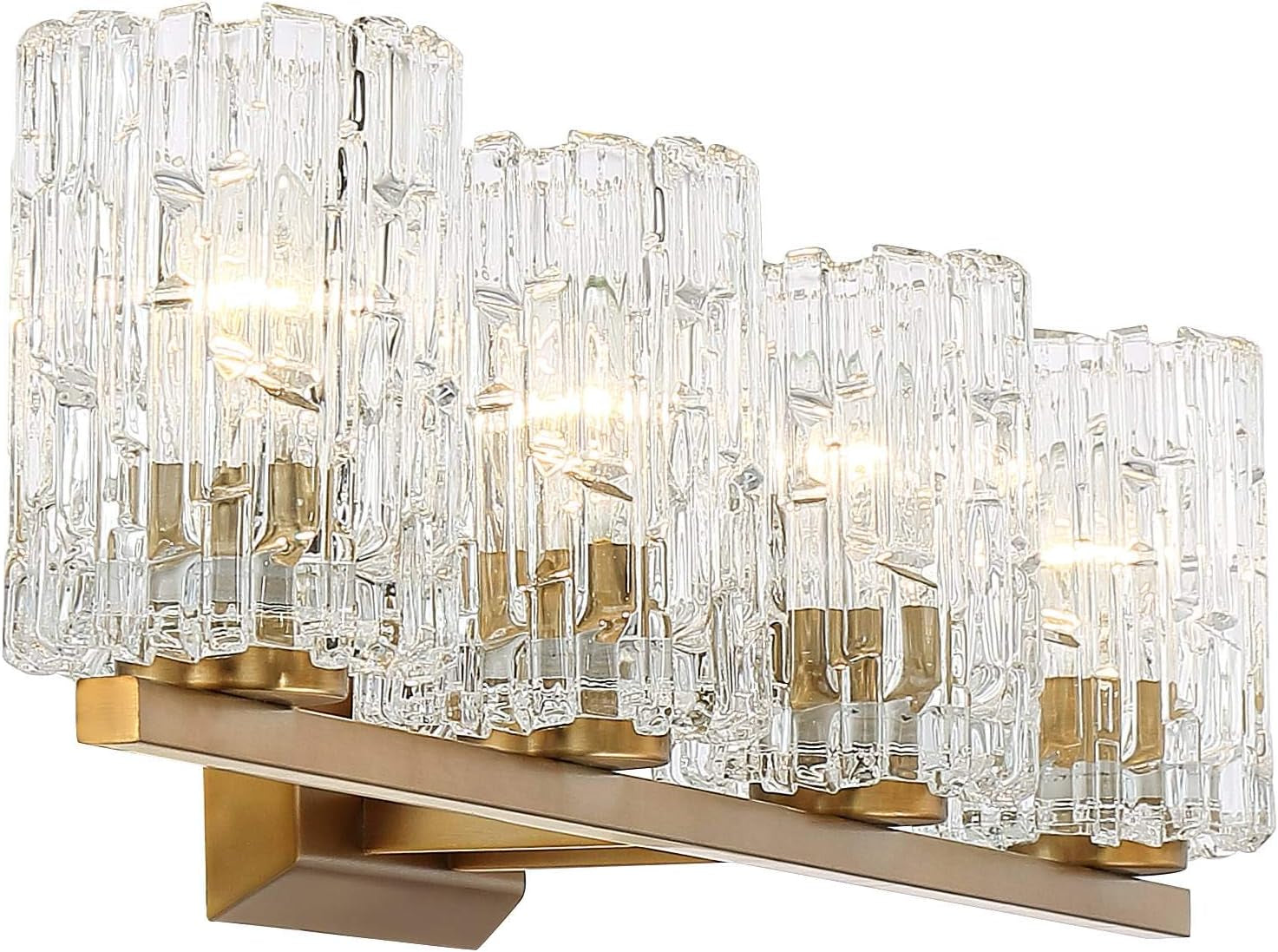 Modern Warm Brass 4-Light Wall Sconce with Textured Ice Glass Shade - 36" Bathroom Vanity & Hallway Decor