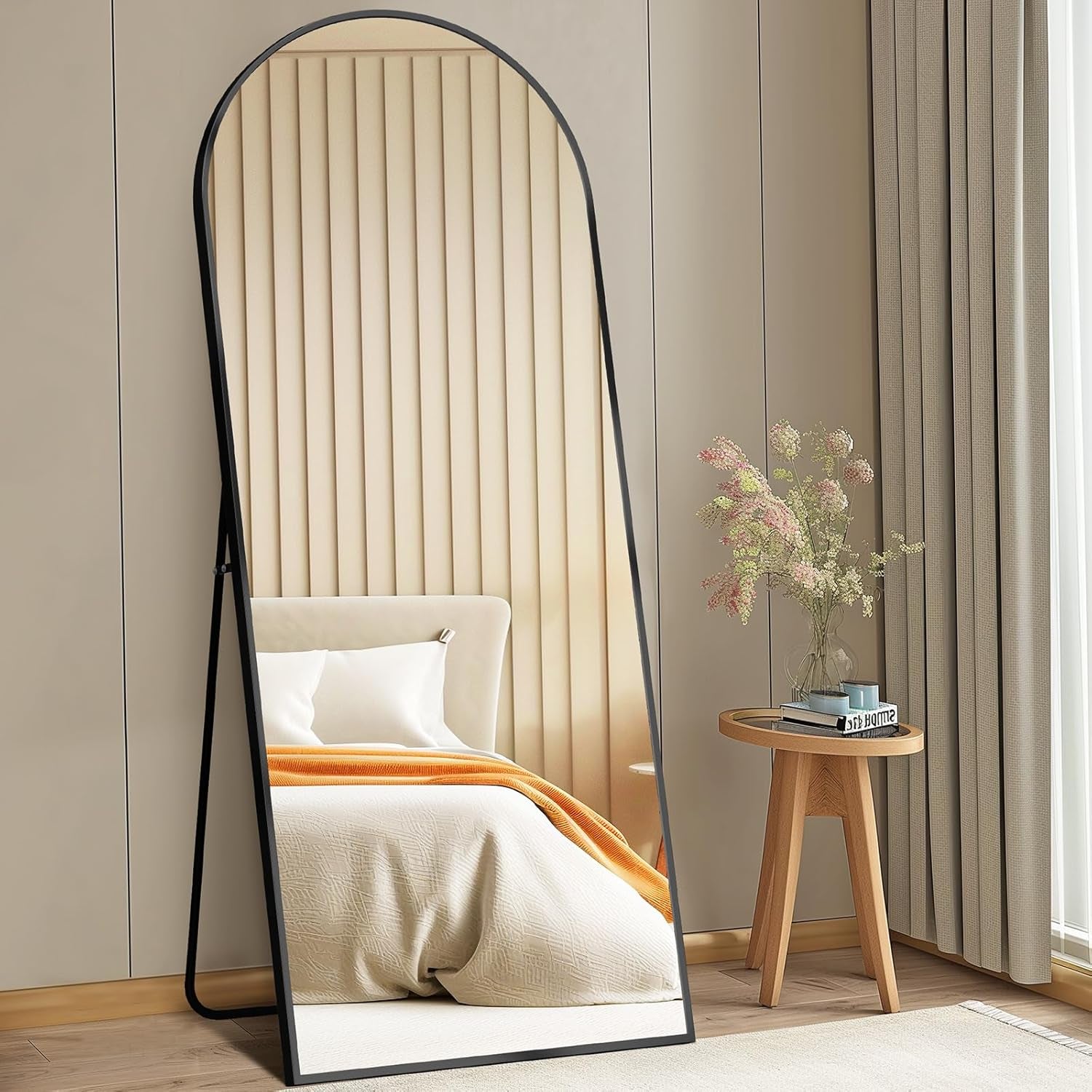 Sleek 64" Arched Full-Length Mirror with Stand - Modern Aluminum Frame, Shatterproof Nano Glass, Perfect for Bedroom & Living Room Decor - Elegant Black Finish