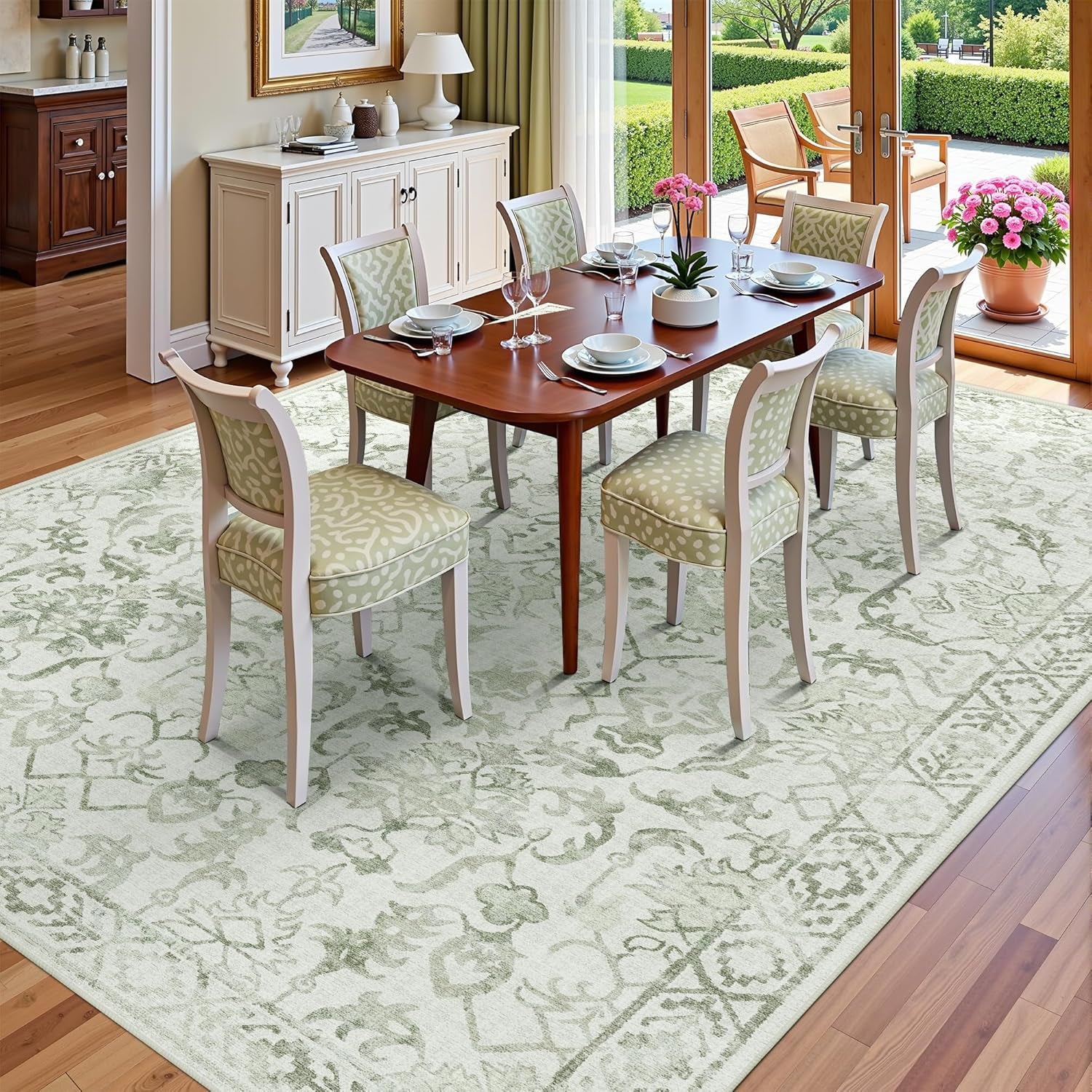 Elegant Sage Green 9x12 Washable Area Rug - Soft, Anti-Slip Low-Pile Design for Living Room, Dining Room & Bedroom - Perfect Farmhouse Home Decor Accent