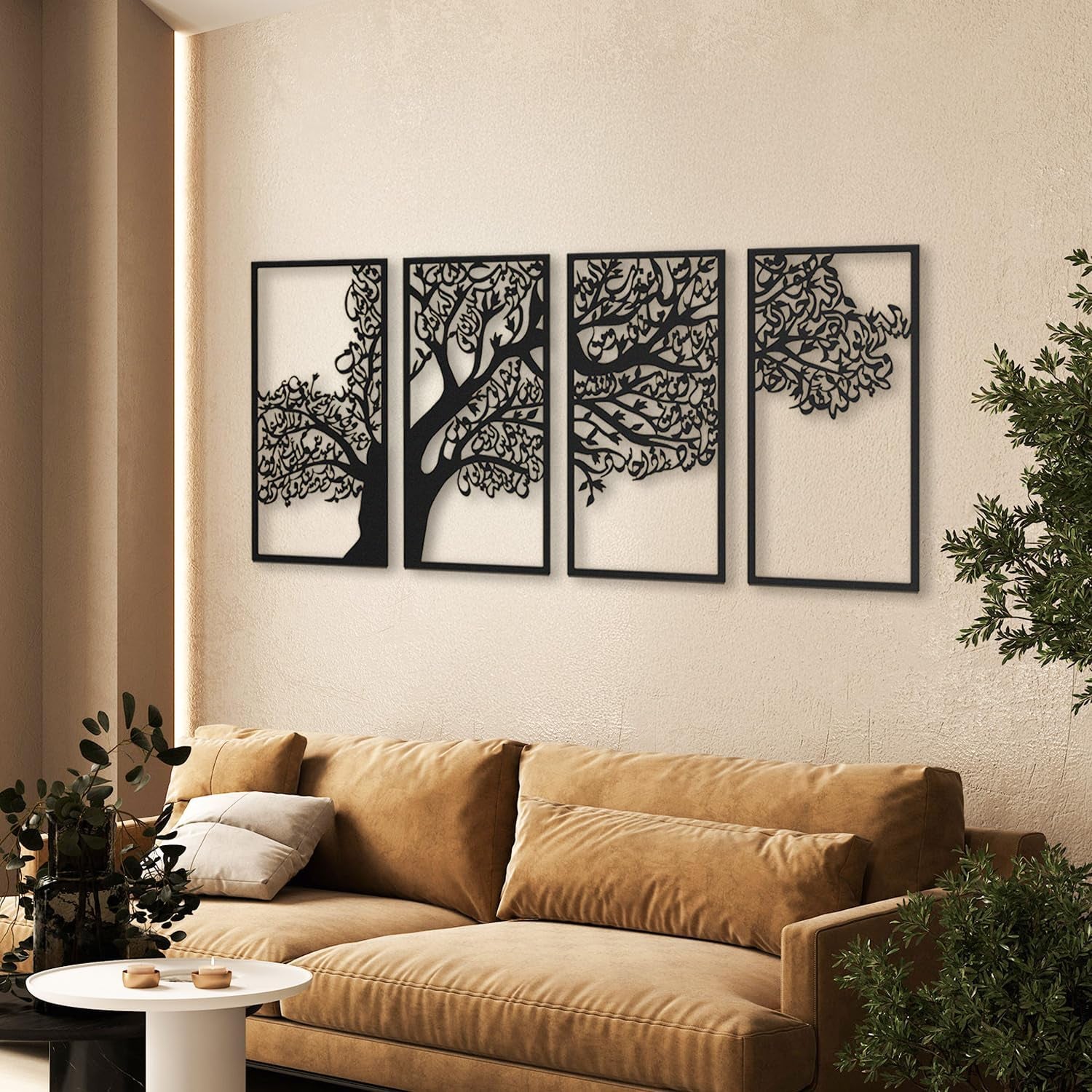 Stunning Large Metal Tree of Surahs Wall Art Set - 4 Quls (Surah Al Ikhlas, Al Falaq, Al Nas, Al Kafirun) - Exquisite Arabic Calligraphy for Muslim Home Decor & Thoughtful Islamic Gifts - Total Size: 78.7 X 38.5 Inches