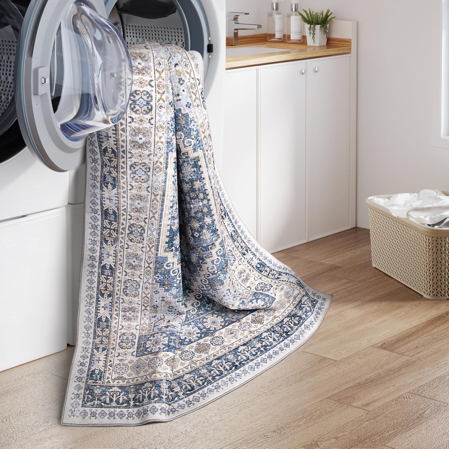 Luxurious 10X14 Stain-Resistant Washable Area Rug - Non-Slip Ultra-Thin Design for Living Room & Bedroom Decor (Blue/Beige)