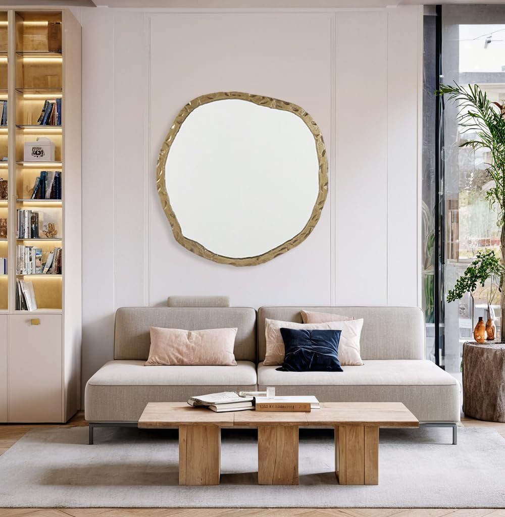 Stunning Asymmetrical Brass Wall Mirror - 40x38 Inch Hand Forged Metal Frame for Elegant Home Decor