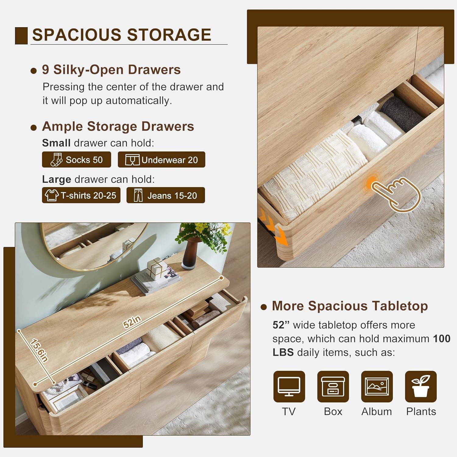 Stylish 9-Drawer Wooden Dresser - 52" Curved Design with Ample Storage for Bedroom, Living Room & Hallway - Natural Oak Finish