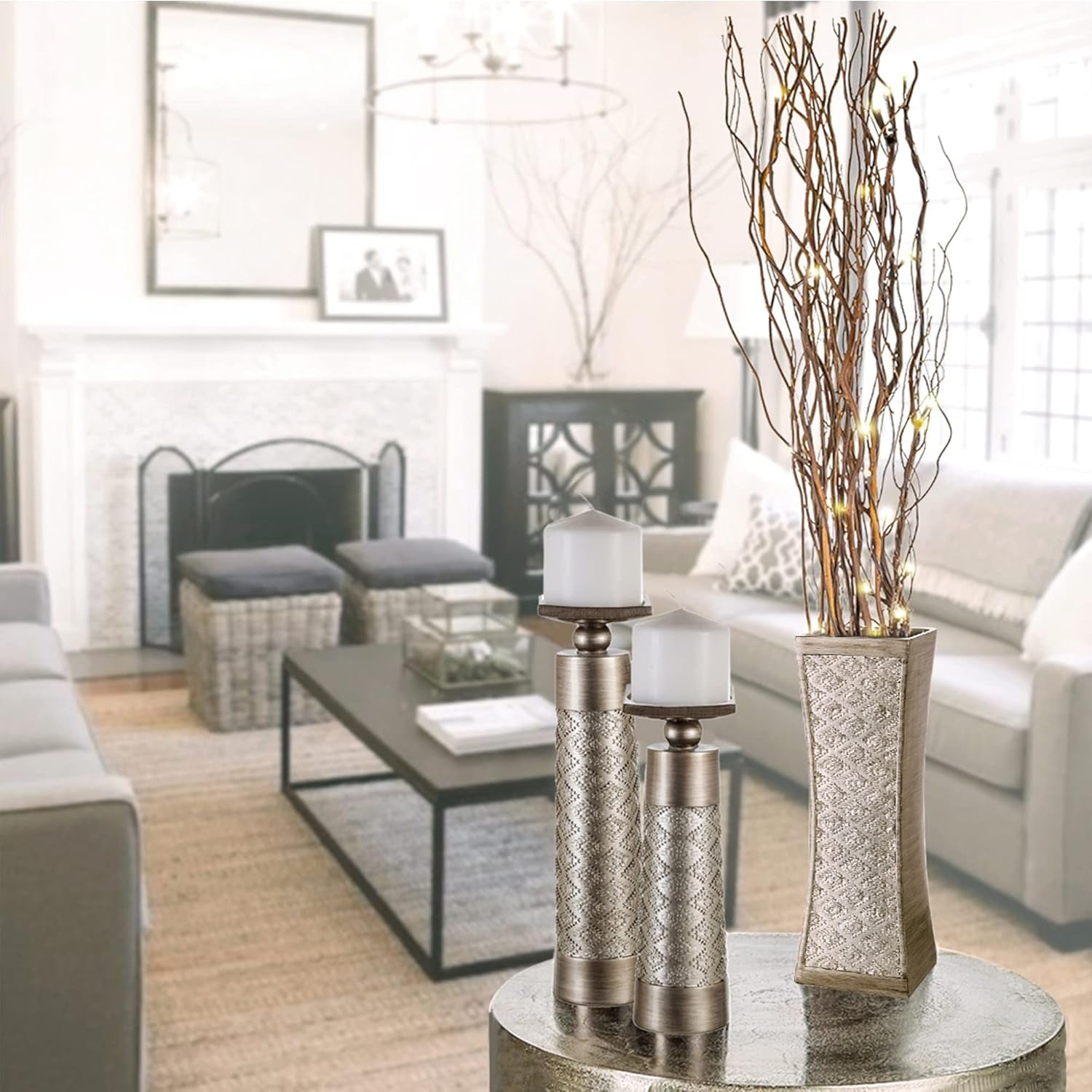 Dublin Silver Decorative Candle Holder Set (2) - Elegant Pillar Candle Stands for Home Decor, Centerpieces for Living Room or Dining Table, Gift Boxed