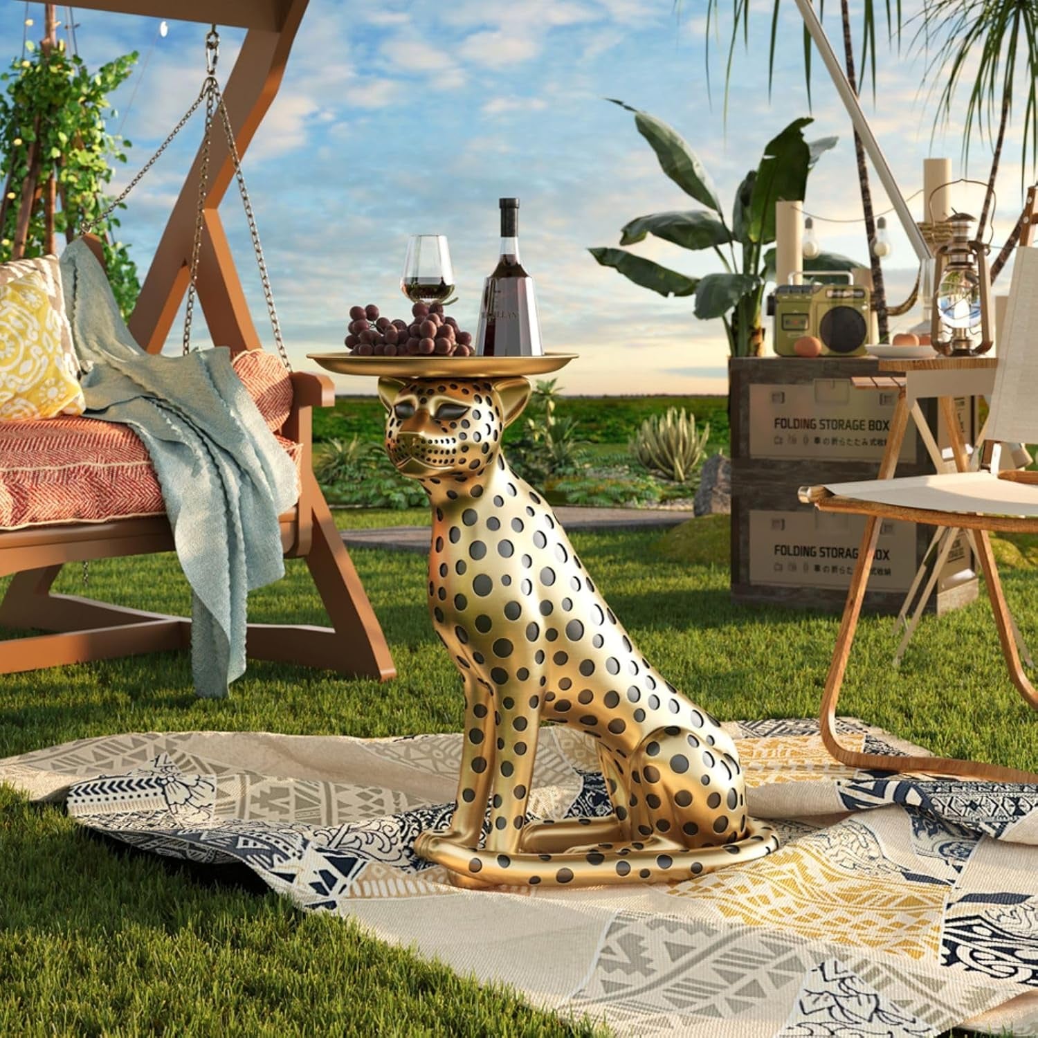 Elegant Animal-Themed Side Table with Tray Top – Gold Leopard Statue Panther Figurine End Table Decor for Home and Gifting