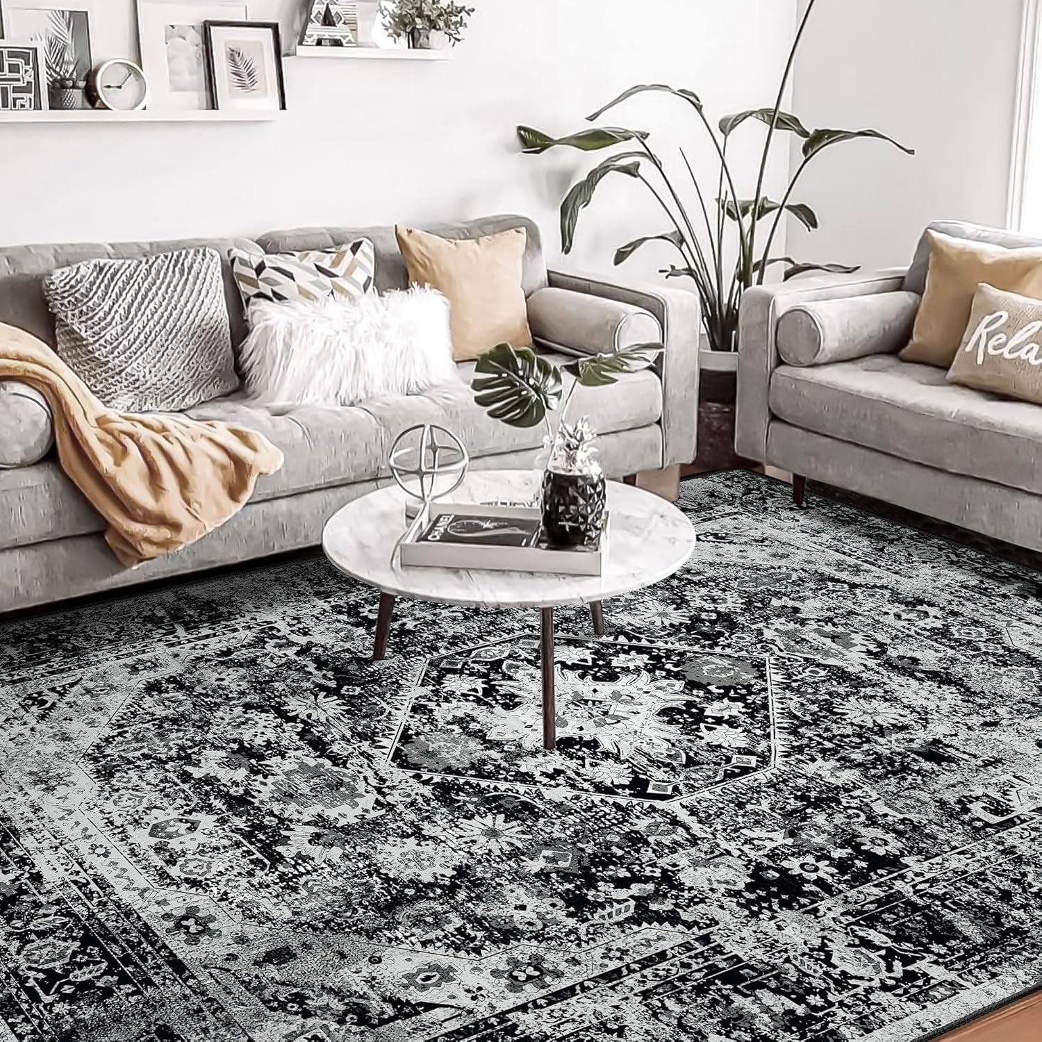 Luxurious Black Floral Washable 8x10 Area Rug - Non-Slip Boho Throw for Living Room, Bedroom, and Dining Room - Soft Indoor Home Decor