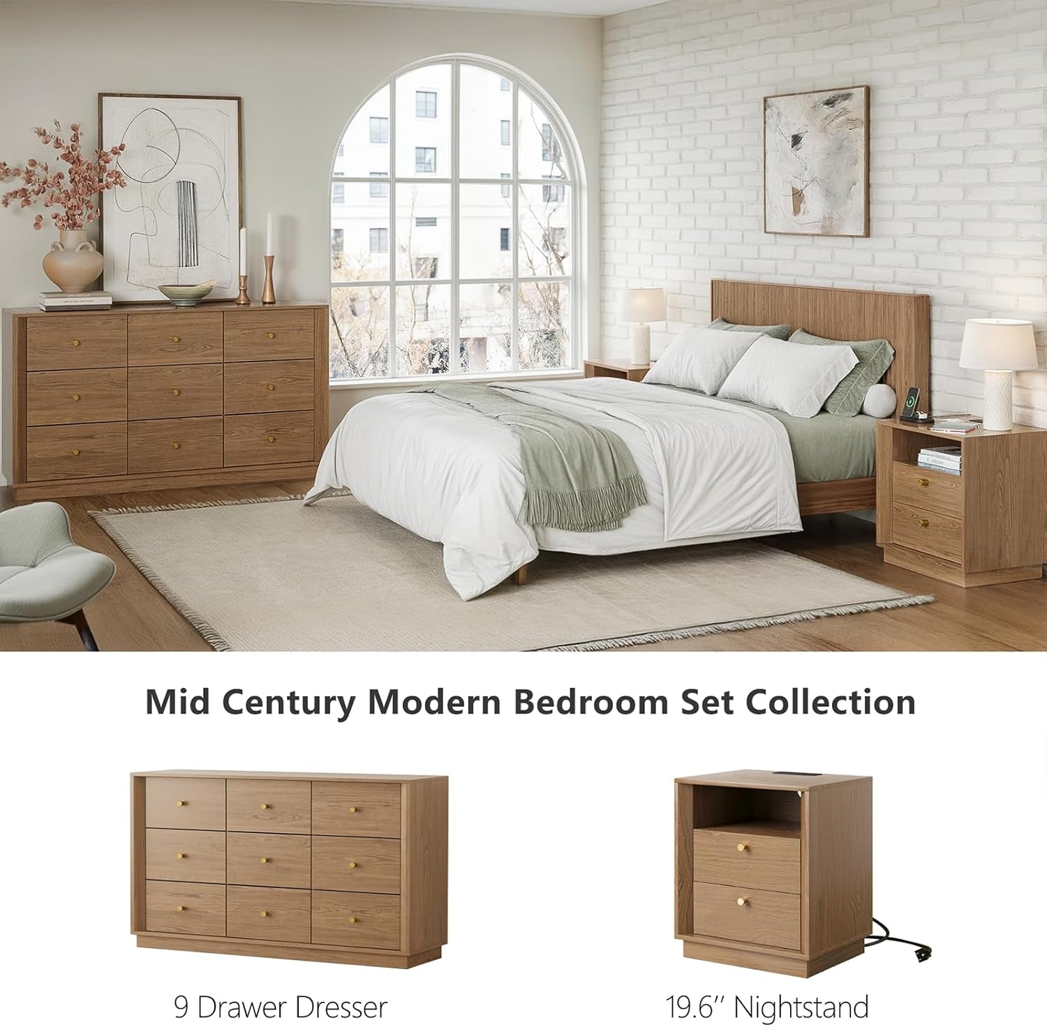 Mid Century Modern 9 Drawer Dresser - 55" Walnut Chest with Stylish Wood Grain Texture for Bedroom, Living Room & Hallway Storage
