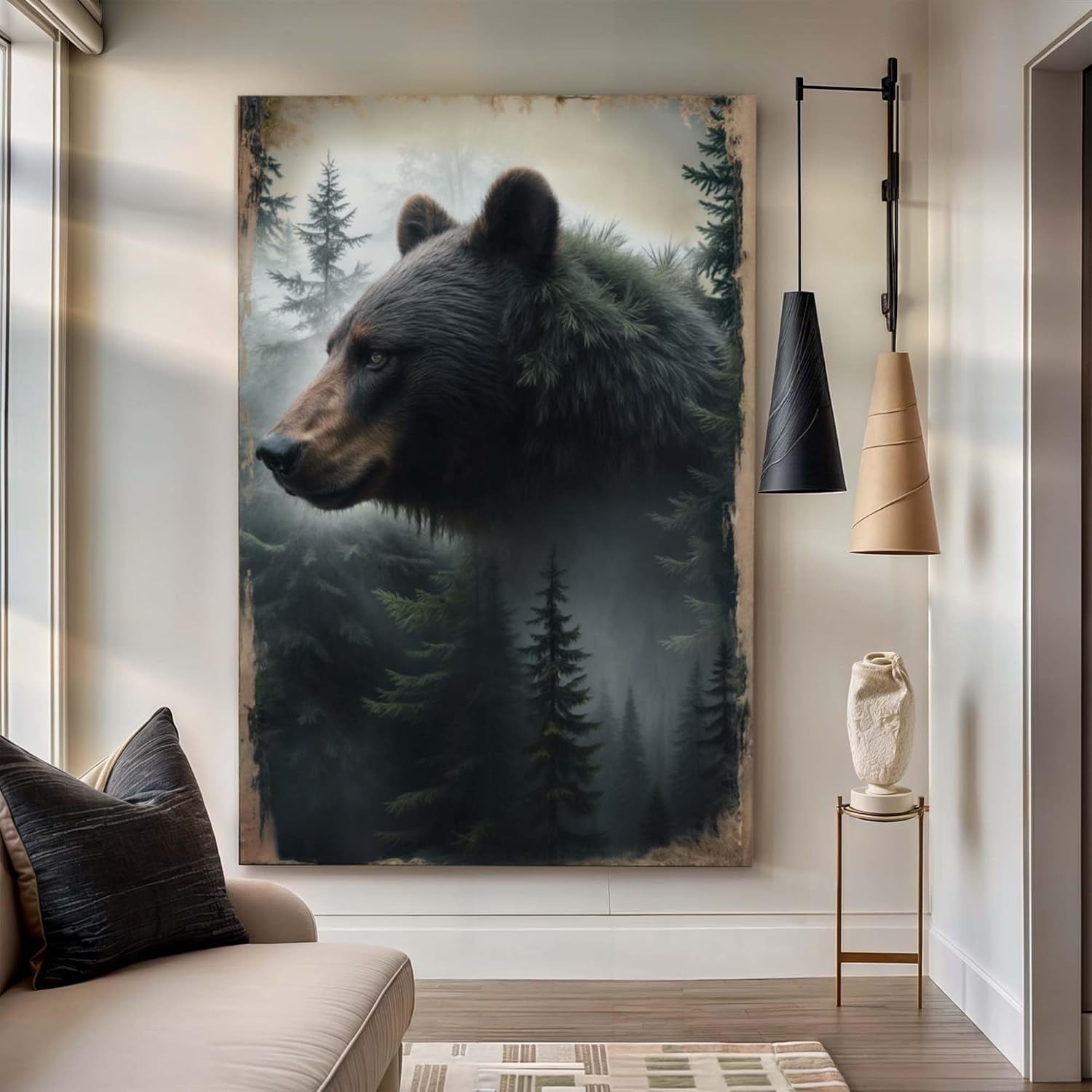 Rustic Black Bear Canvas Wall Art - Grizzly Forest Decor for Cabin & Lodge, Large 32" x 48" Pictures