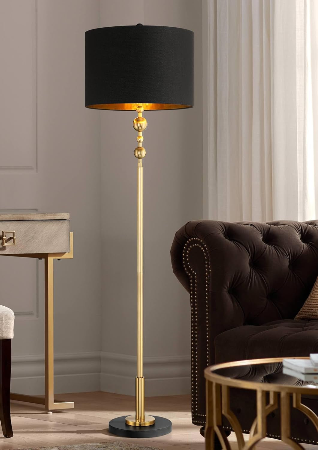 Harlowe Modern Glam 63" Gold Finish Floor Lamp - Chic Metal Design with Black Drum Shade for Living Room, Bedroom, Office, and Entryway Decor