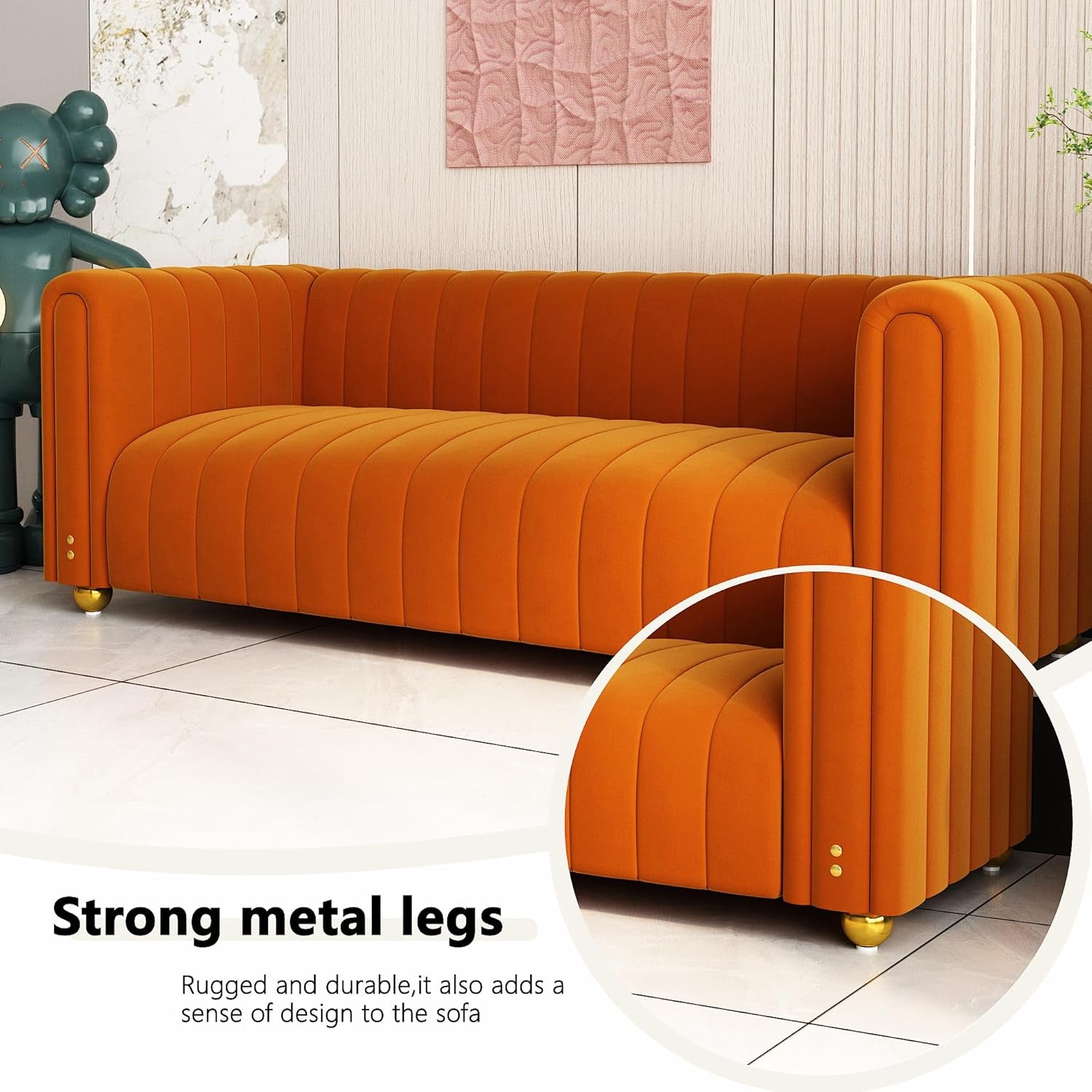 Luxurious 81" Mid Century Modern Orange Velvet Sofa - Comfy 3-Seat Loveseat with Gold Metal Legs for Living Room & Office