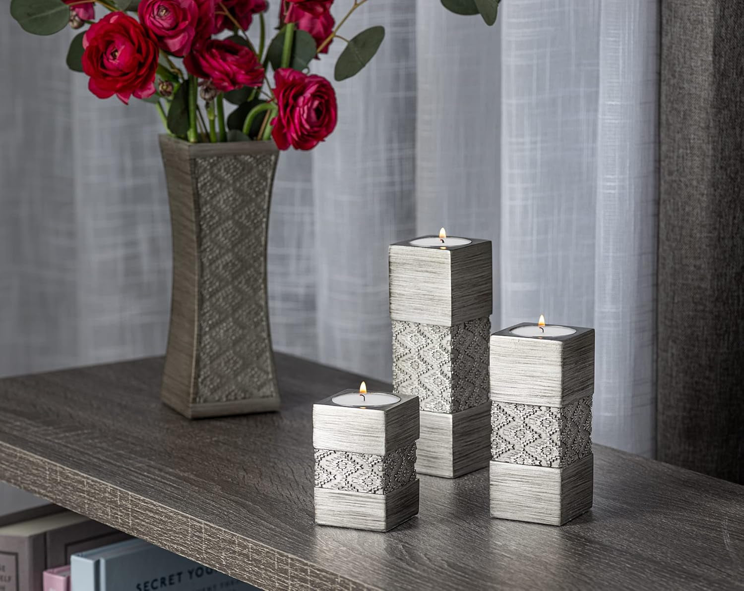 Dublin Silver Tealight Candle Holder Set of 3 - Elegant Centerpiece for Living Room, Dining Room, Coffee Table, Fireplace, Entrance, or Bathroom Decor