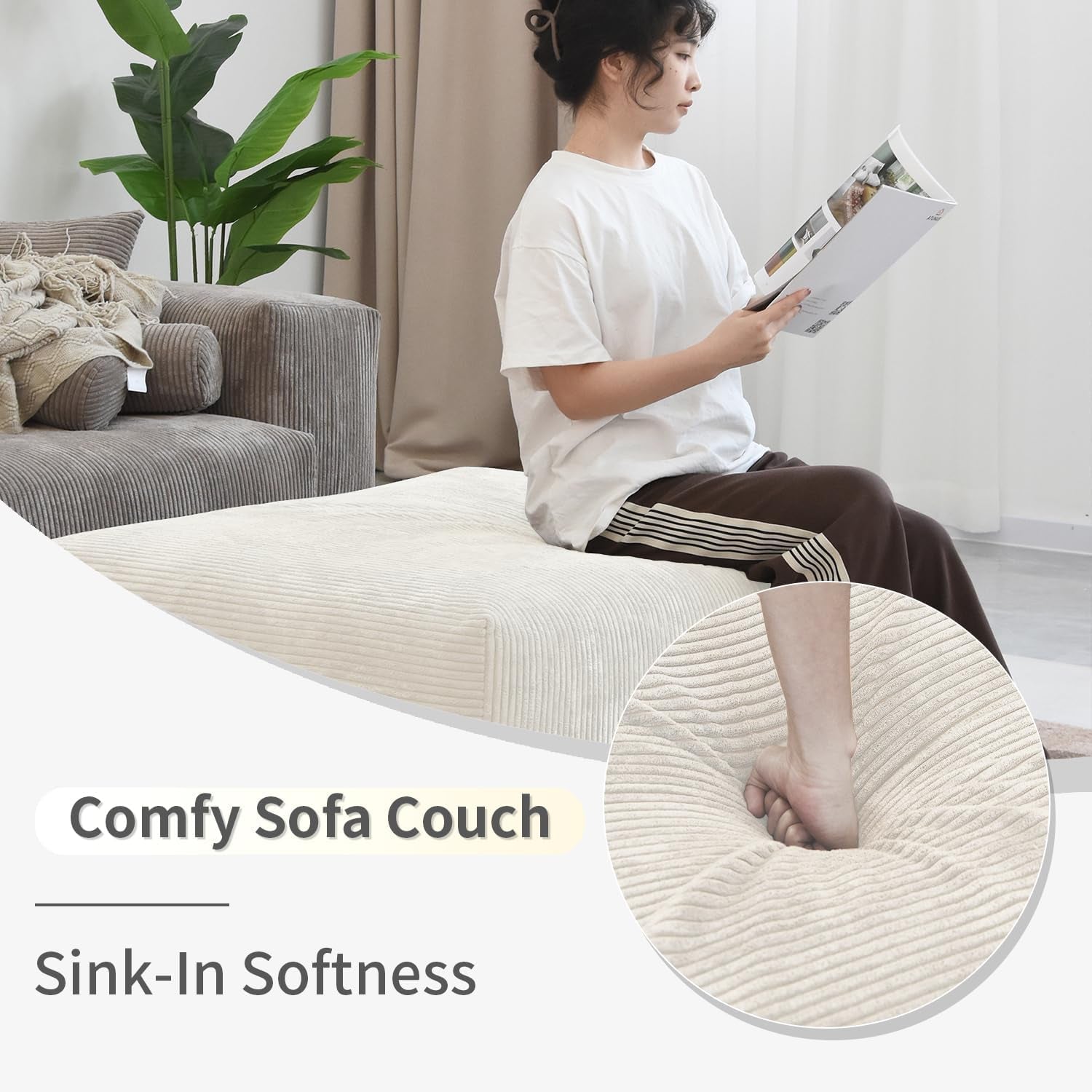 Stylish 102-Inch Cloud Couch Modular Sectional Sofa - Beige Corduroy 2-Seater with Removable & Washable Cushion Covers for Your Living Room