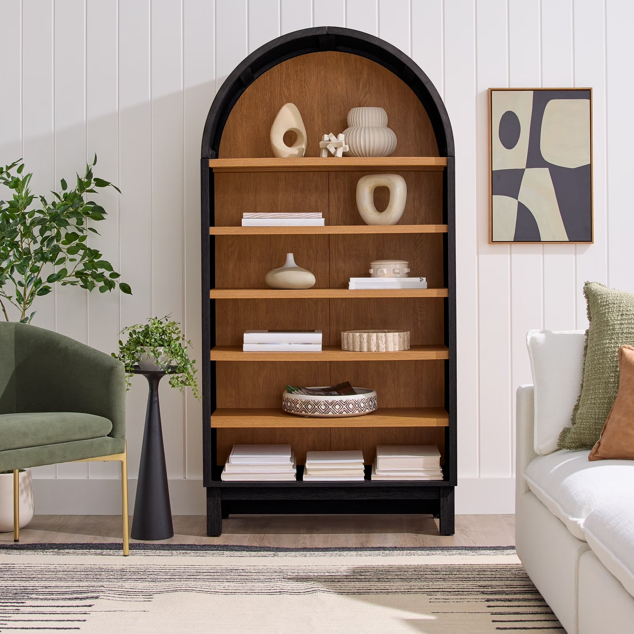 Stylish Juliet Open Arch Bookcase in Rich Black and Light Honey Finish