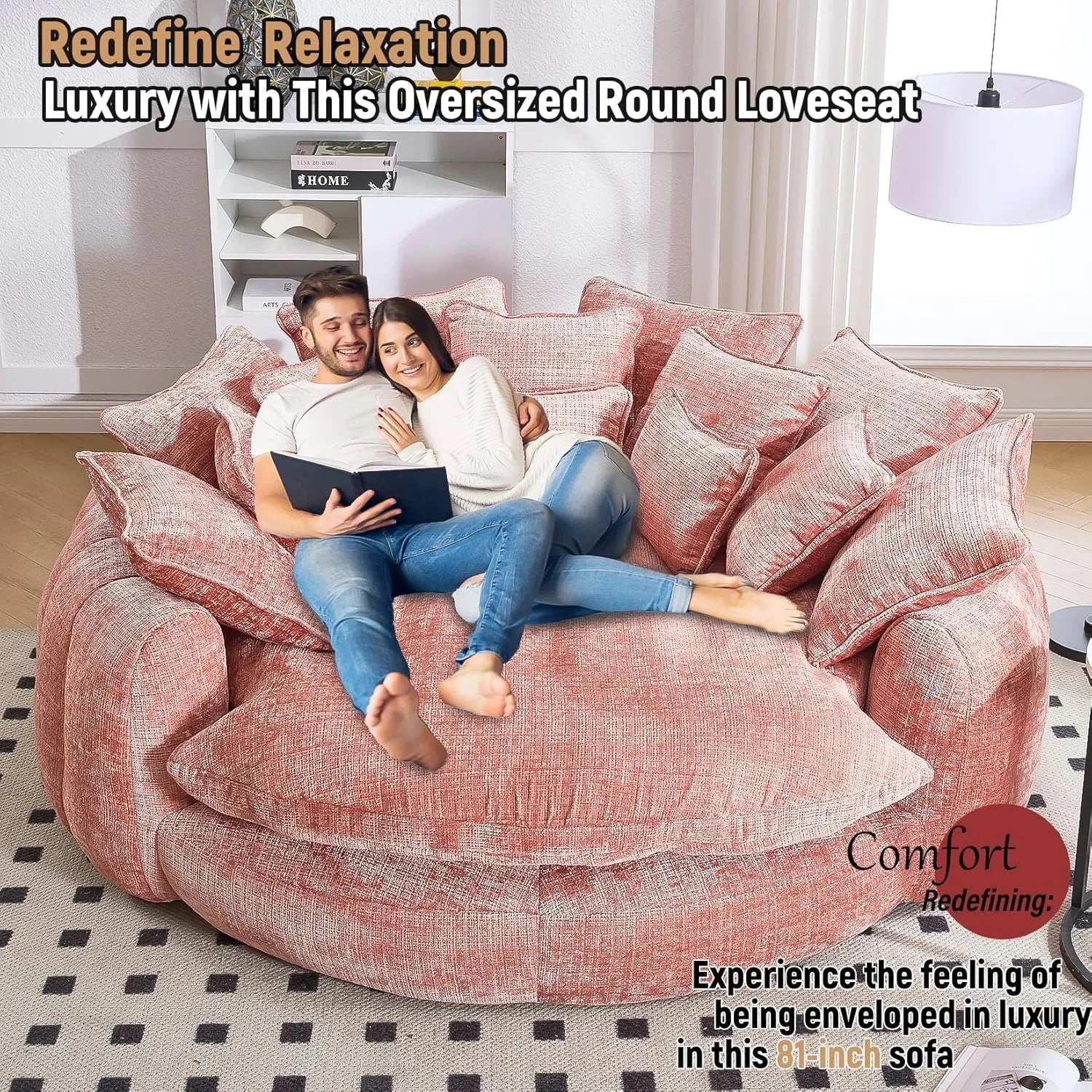 Luxurious 81.1' Oversized Round Chaise Lounge Chair | Extra Wide Indoor Sofa Bed with 14 Plush Pillows – Comfy Cloud Reading Couch & Fluffy Sleeper Sofa
