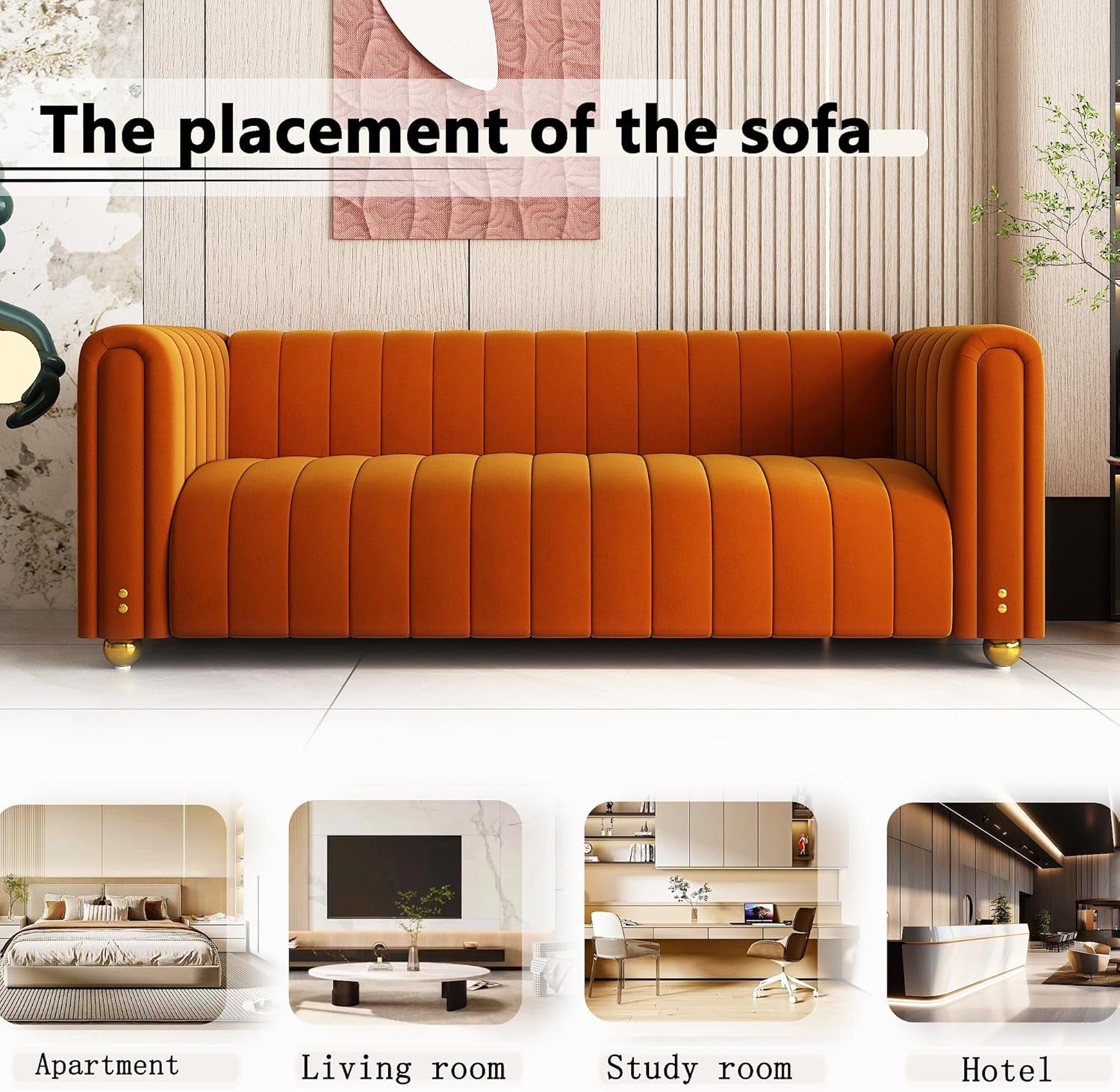 Luxurious 81" Mid Century Modern Orange Velvet Sofa - Comfy 3-Seat Loveseat with Gold Metal Legs for Living Room & Office