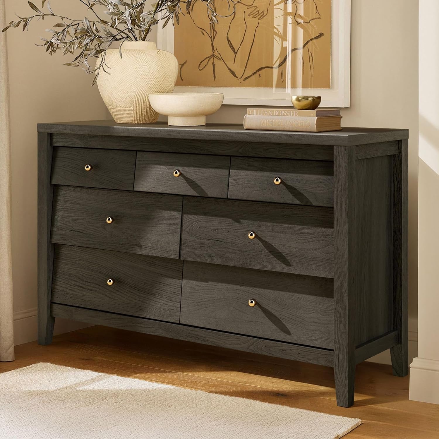 Stylish Black 7-Drawer Farmhouse Dresser - Versatile Storage for Bedroom and Living Room
