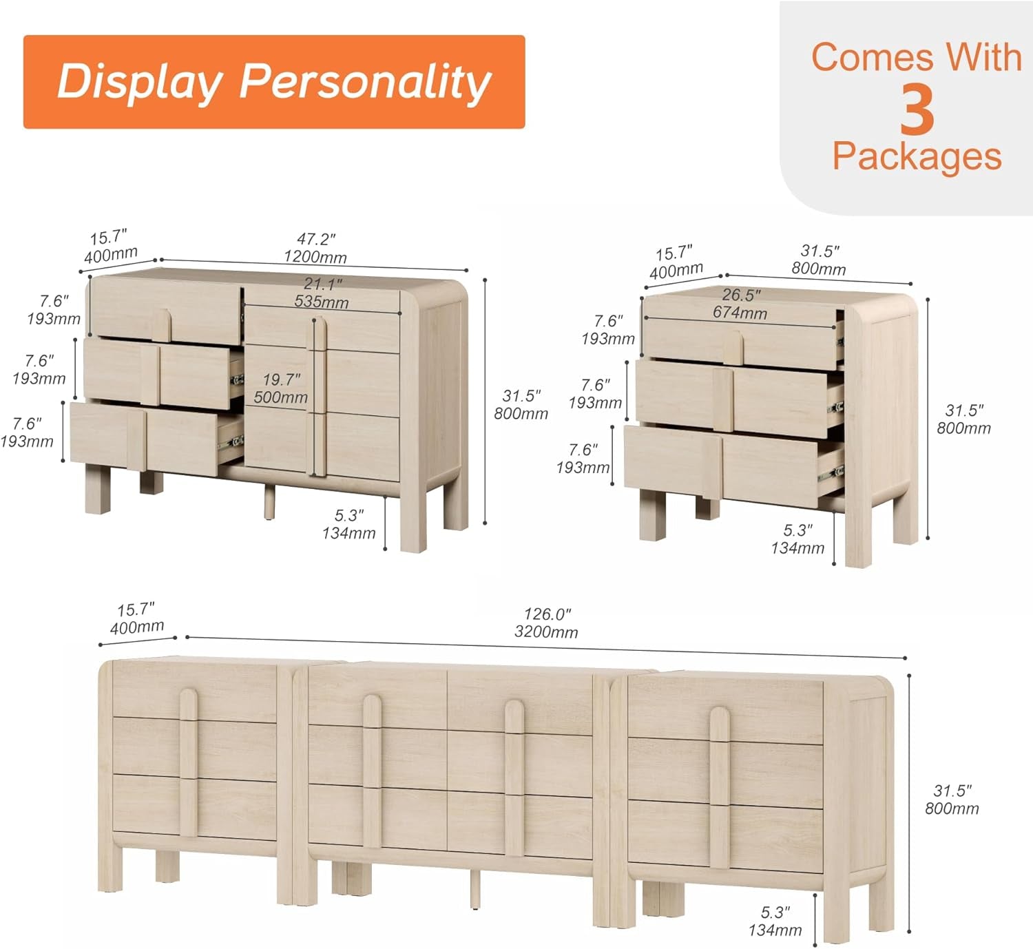 Elegant 3-Piece Mid Century Modern Bedroom Dresser Set - 110.2" Wide Chest of Drawers with Curved Handles, 12 Drawer Organizer, Light Oak Finish