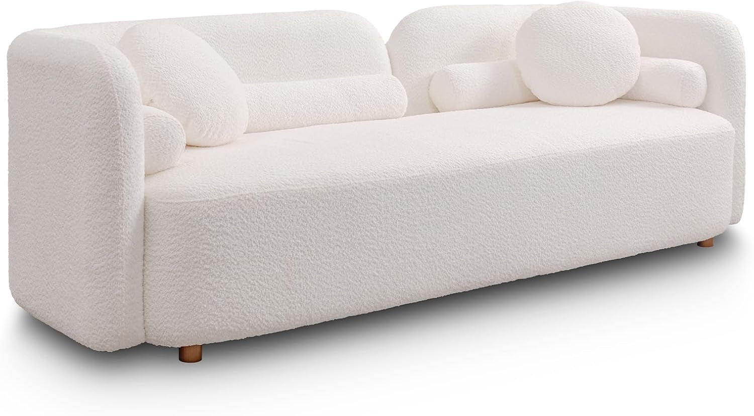 Modern White Rectangular Cloud Couch - Curved Back 3-Seater Sofa with Boucle Fabric, Solid Wood Frame & 2 Pillows - Perfect for Minimalist Living Rooms