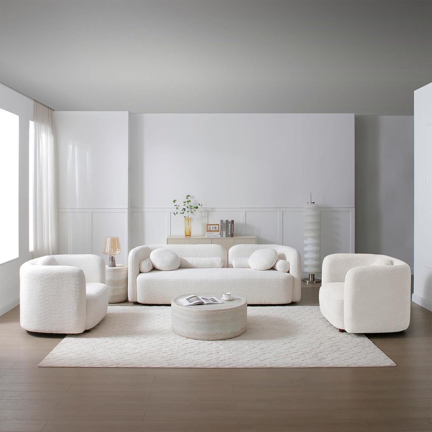 Modern White Curved Back Sofa Set - 3 Seater Couch + 2 Single Chairs with Boucle Fabric and Solid Wood Frame, Includes 6 Pillows