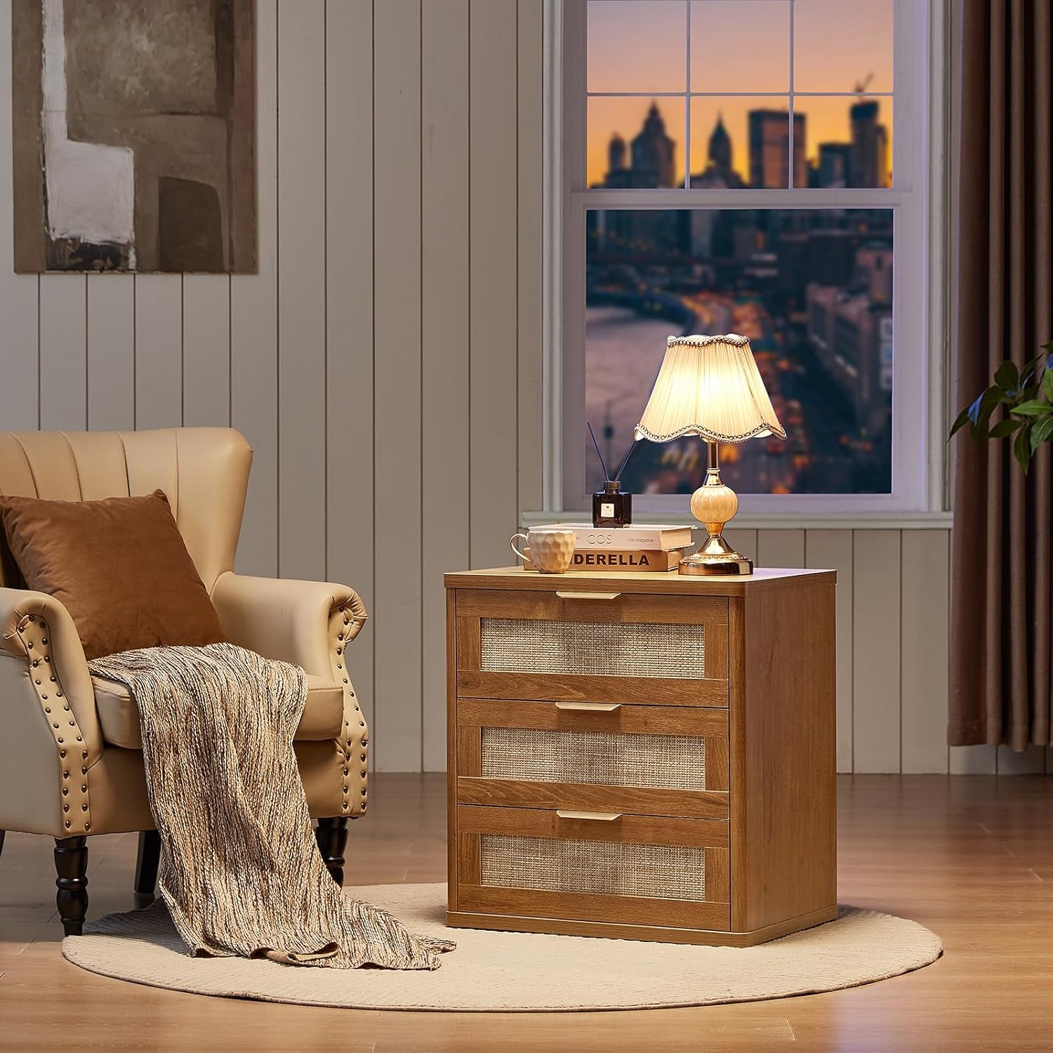 Boho 3-Piece Rattan Dresser and Nightstand Set - Stylish Wood Furniture with 6 Drawers for Bedroom, Living Room, and Hallway