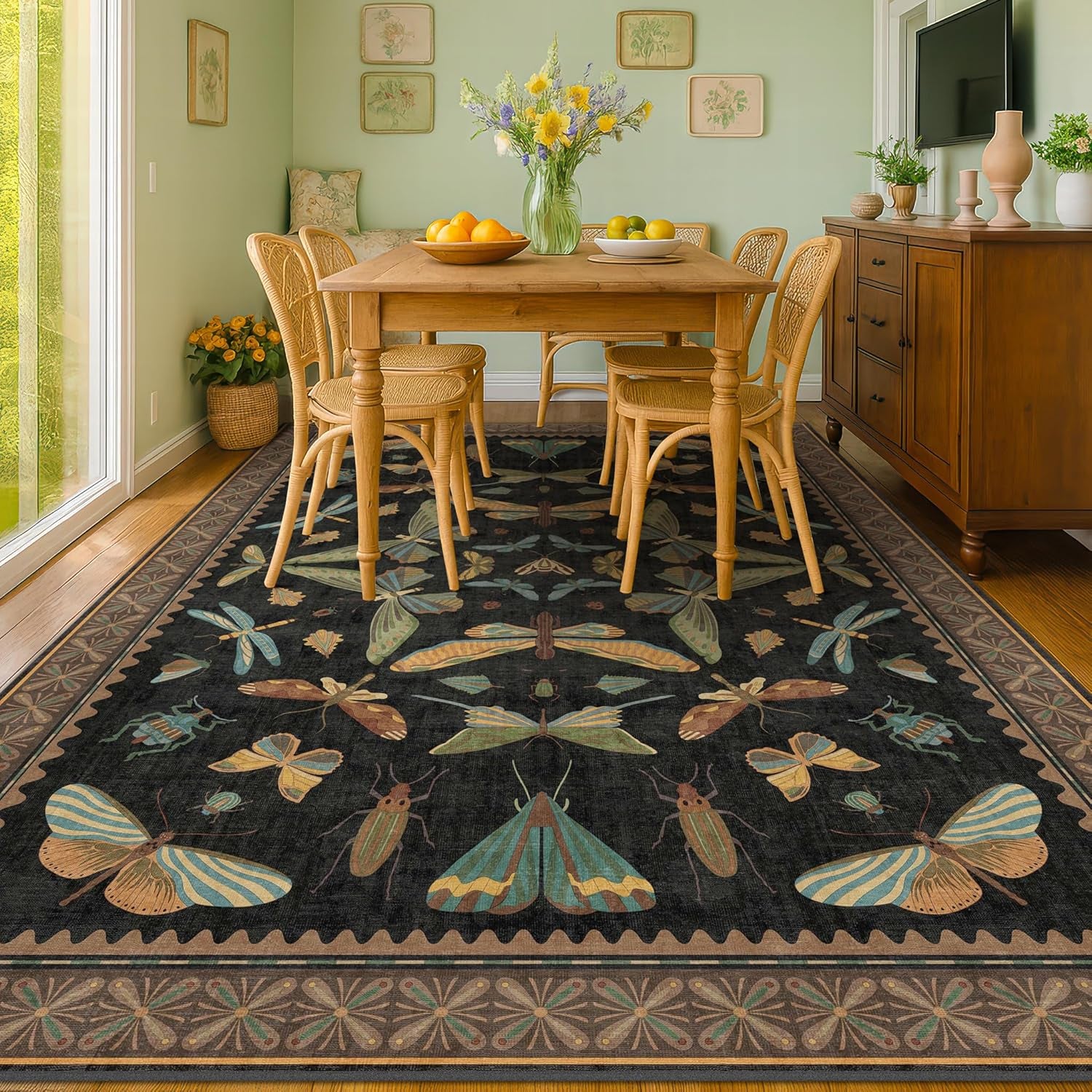 Luxurious Large Black Area Rug - Soft & Stain Resistant 9x12 for Living & Dining Rooms, Unique Insect Bug Home Décor, Perfect Under Bed Addition
