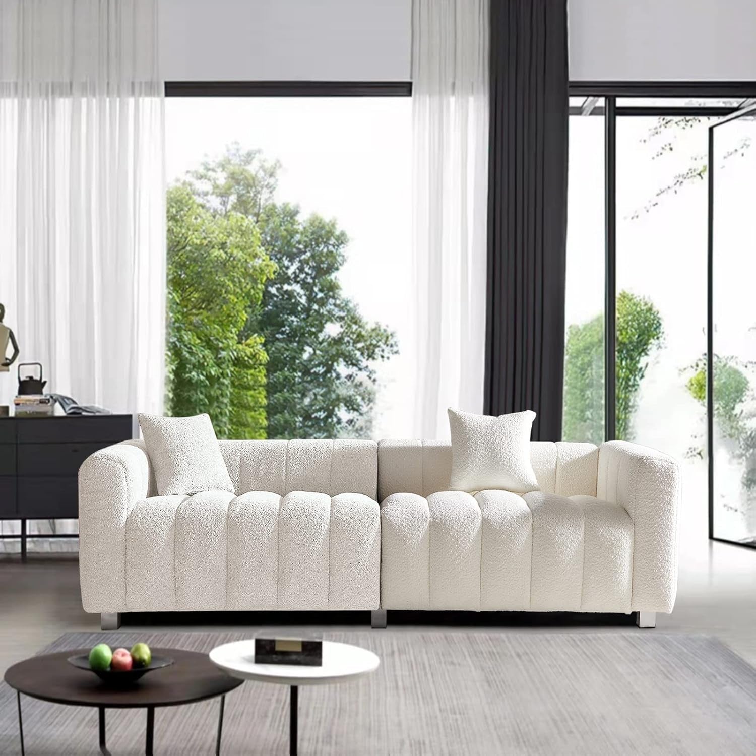 Stylish 87.4" Modern 3-Seater Boucle Sofa - Mid Century Fluffy Couch with Solid Wood Frame, 750 LBS Capacity - Perfect for Living Room, Bedroom, or Apartment (White)