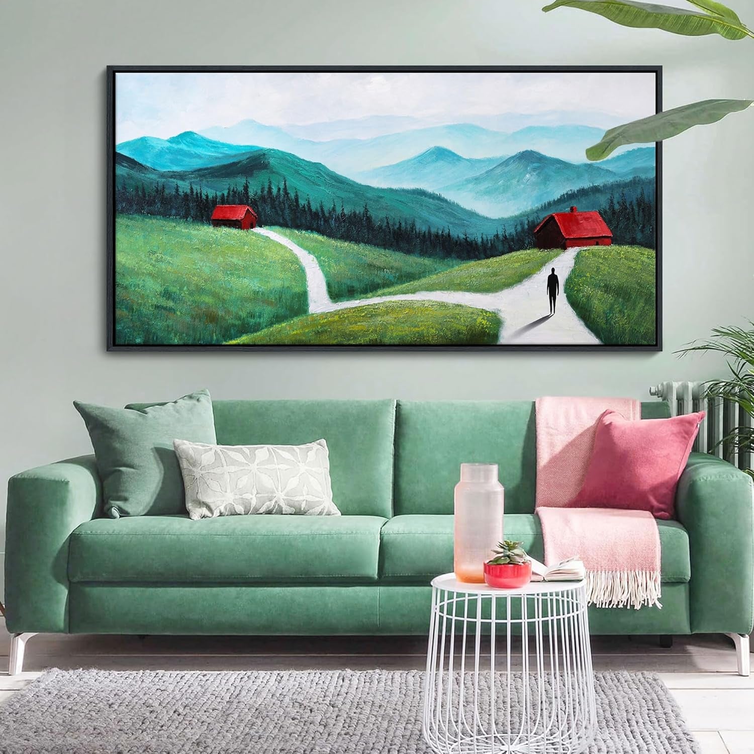 Stunning Green Abstract Landscape Canvas Art - Modern Mountain Forest Wall Decor for Living Room & Bedroom, 24"x48