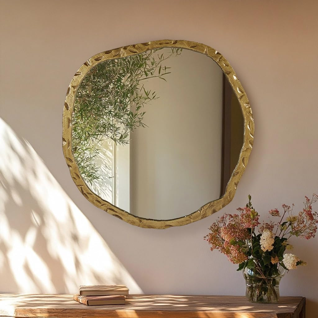 Stunning Asymmetrical Brass Wall Mirror - 40x38 Inch Hand Forged Metal Frame for Elegant Home Decor