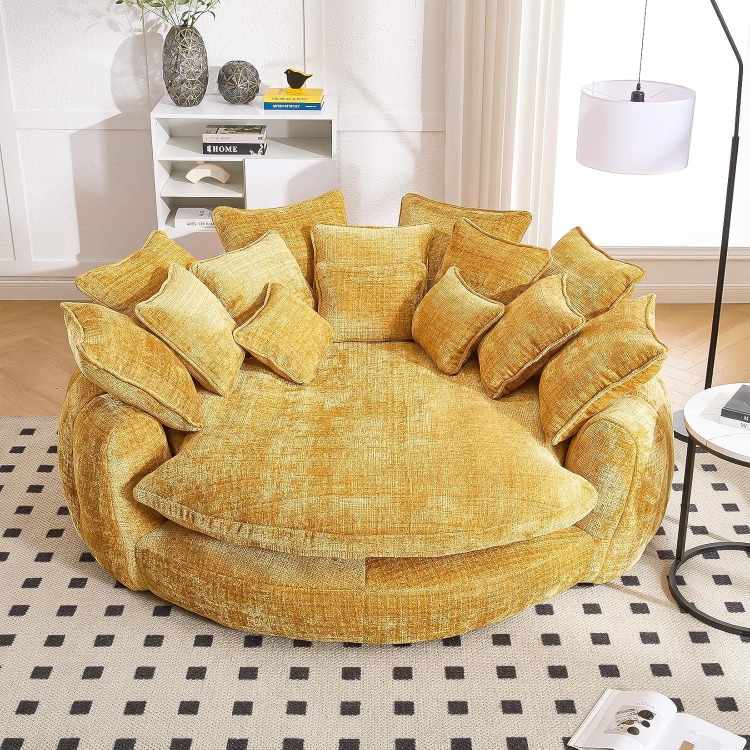 Luxurious 81.1' Oversized Round Chaise Lounge Chair | Extra Wide Indoor Sofa Bed with 14 Plush Pillows – Comfy Cloud Reading Couch & Fluffy Sleeper Sofa