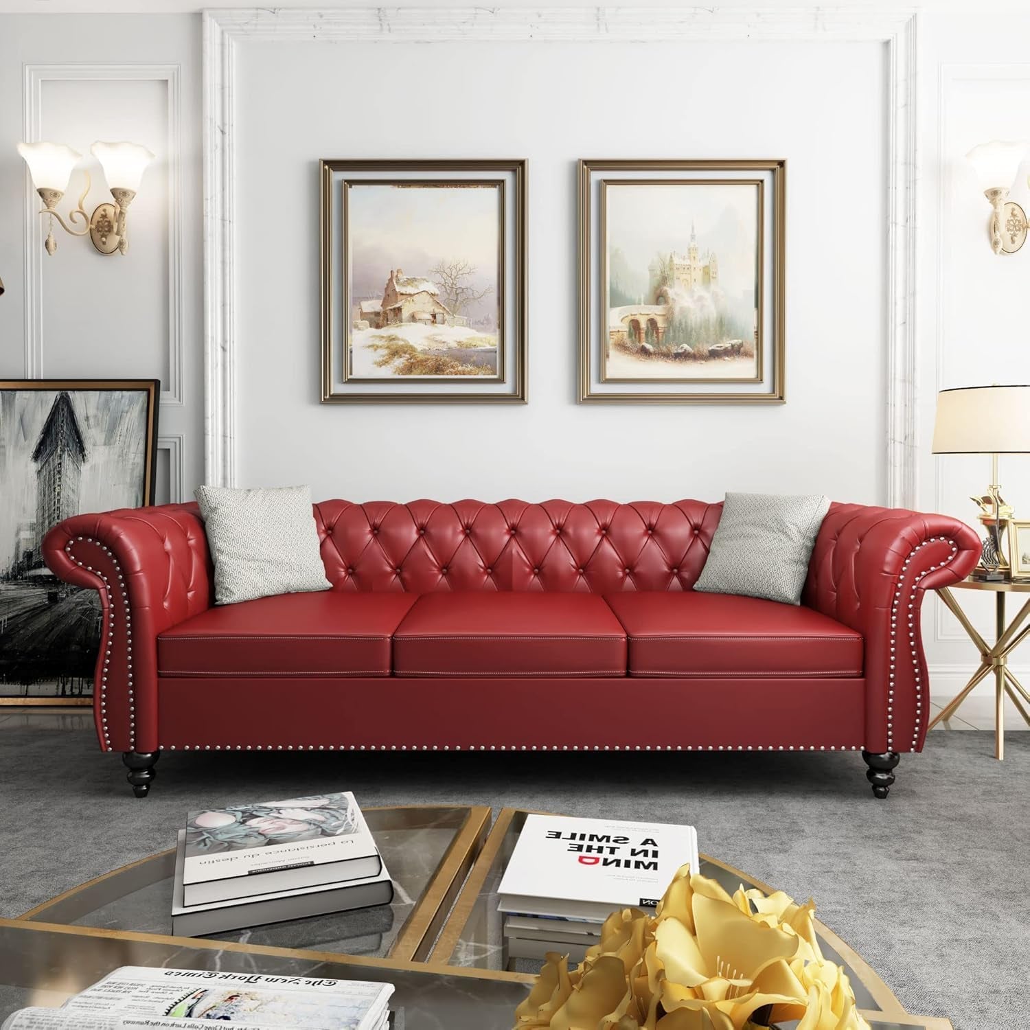 Stylish Chesterfield 3-Seater Leather Sofa with Rolled Arms and Nailhead Accents - Perfect for Living Room, Bedroom, or Office in Elegant Claret