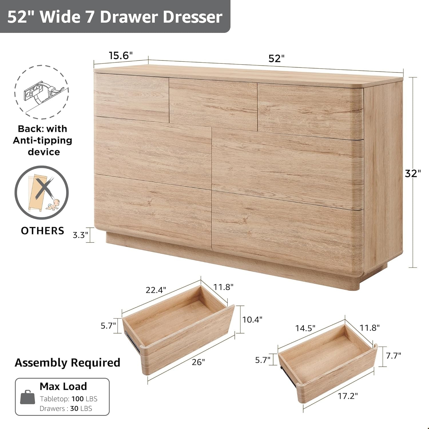Stylish 7 Drawer Modern Dresser - Push-To-Open Chest with Sleek Handleless Design, 52" Wide Storage Solution for Bedroom or Living Room in Natural Oak