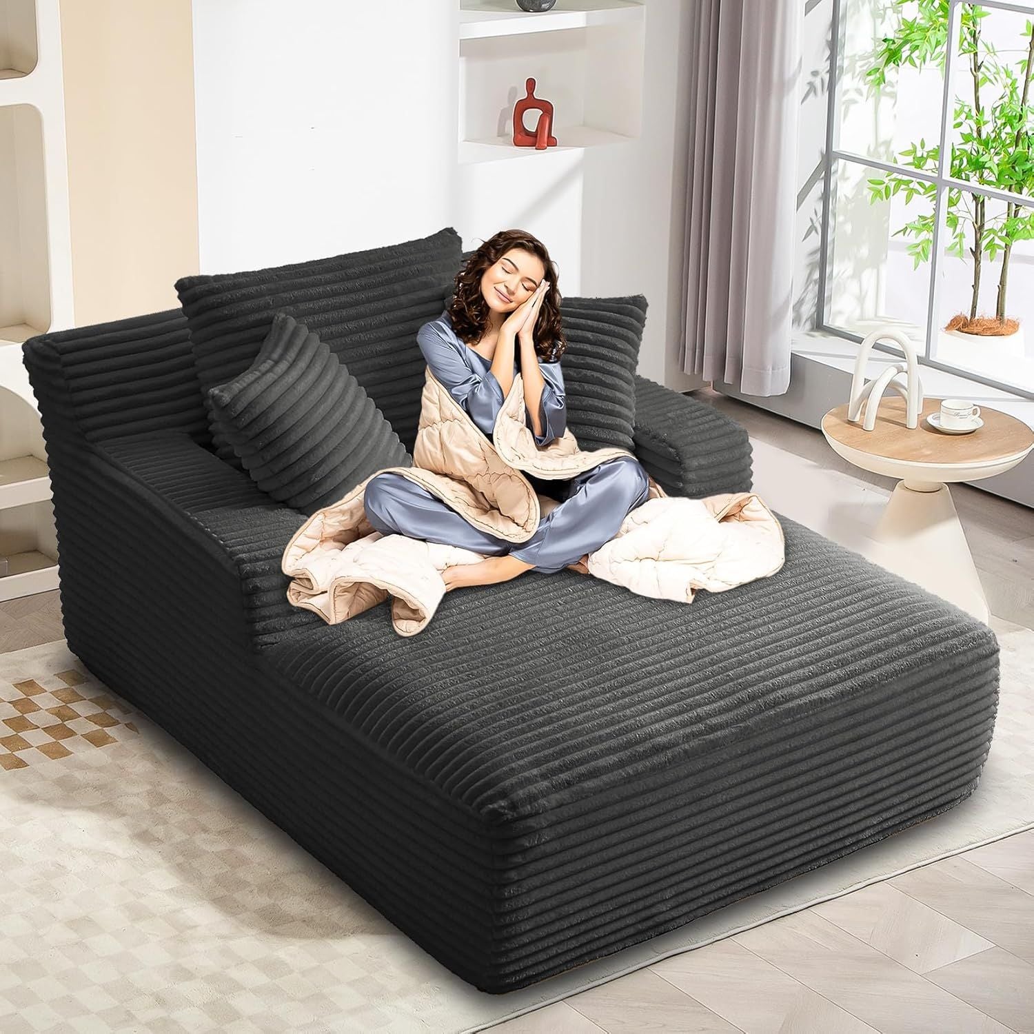 Luxurious Oversized Corduroy Chaise Lounge Chair with 3 Plush Pillows - Comfy Sleeper Sofa & Recliner for Ultimate Relaxation