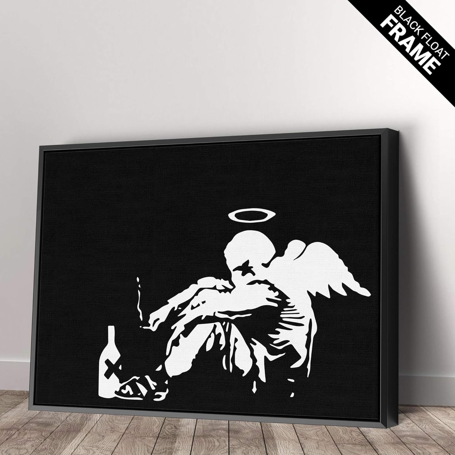 Banksy "Fallen Angel" Graffiti Canvas Art - Modern Black Framed Wall Decor in Various Sizes (45" x 30")