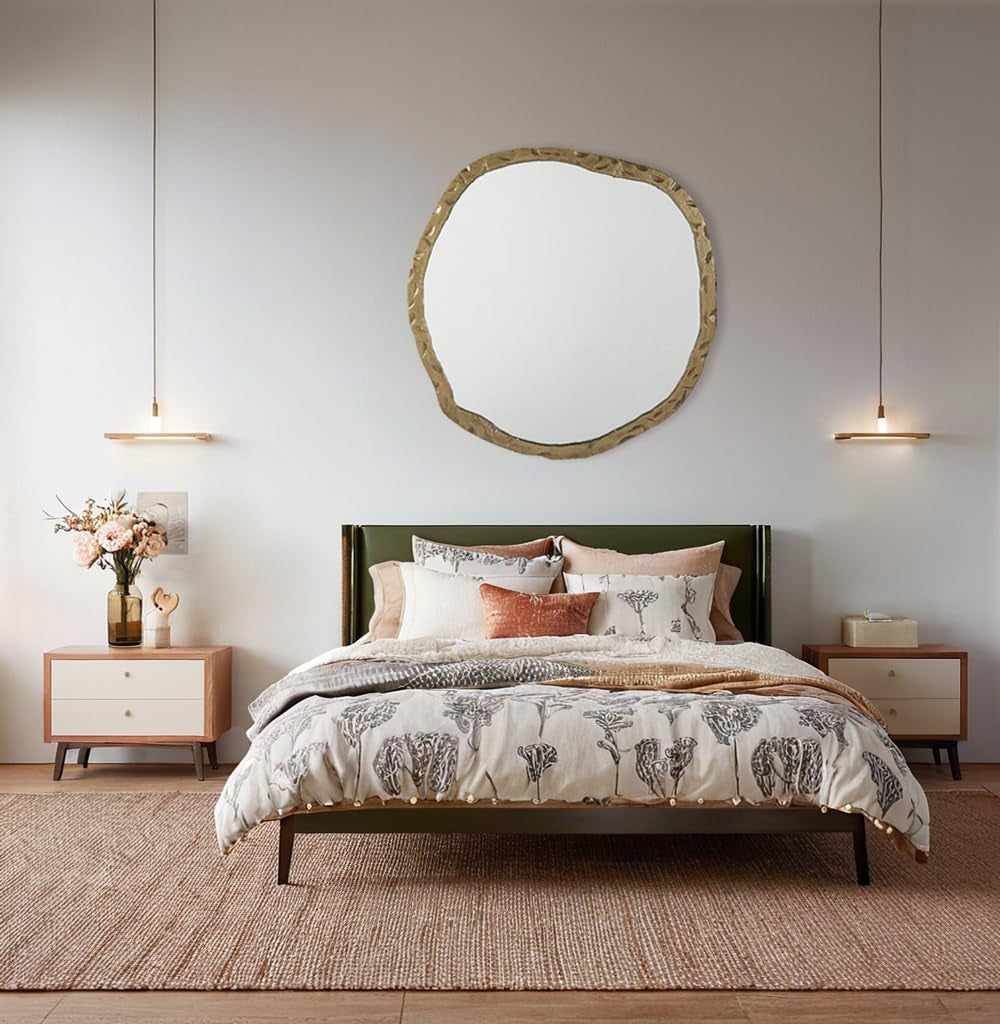 Stunning Asymmetrical Brass Wall Mirror - 40x38 Inch Hand Forged Metal Frame for Elegant Home Decor