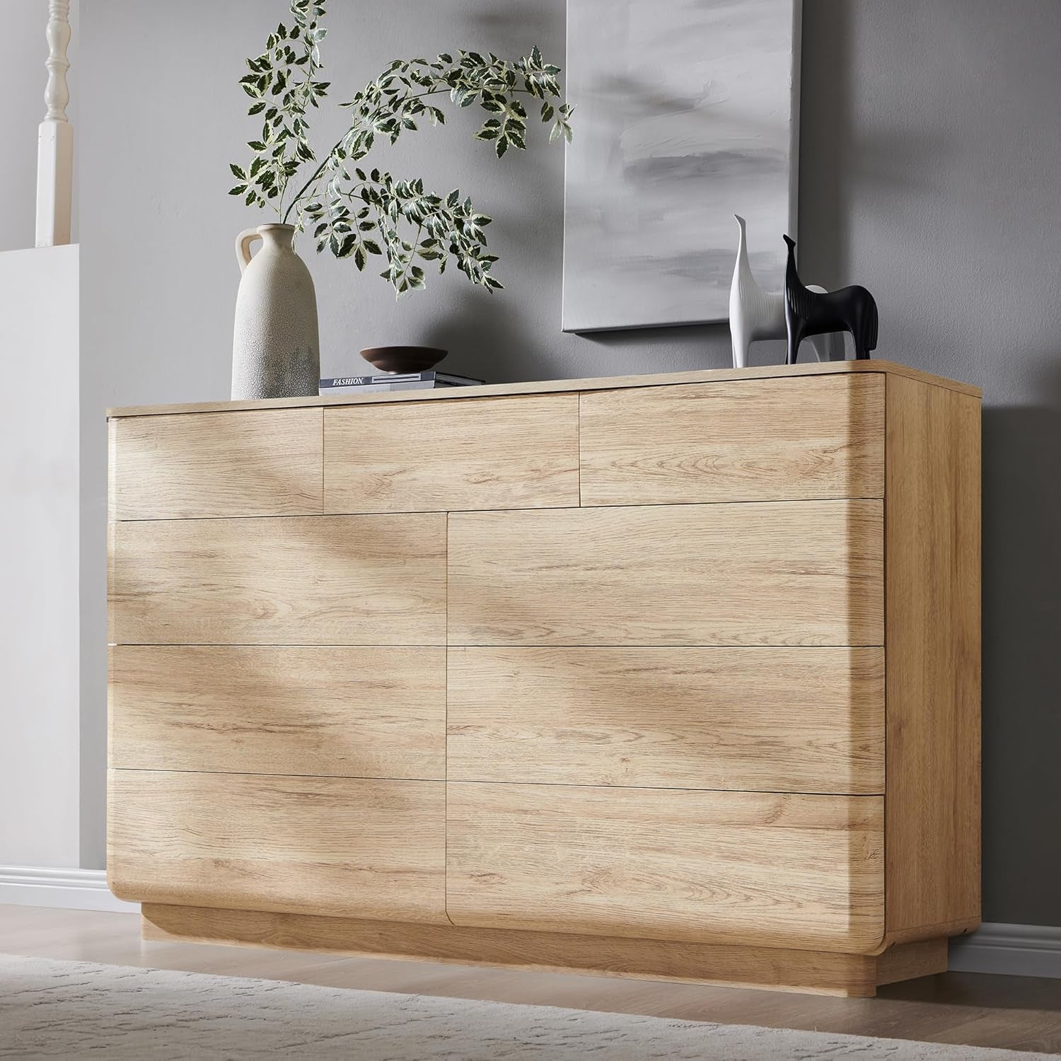 Stylish 9-Drawer Wooden Dresser - 52" Curved Design with Ample Storage for Bedroom, Living Room & Hallway - Natural Oak Finish