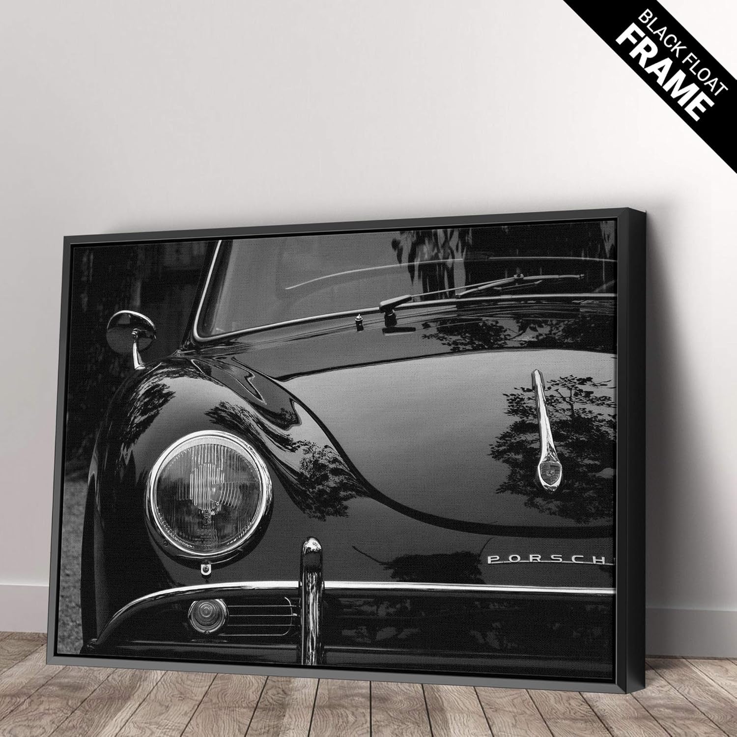 Classic Porsche Black and White Framed Canvas Art – Sleek 45"x30" Wall Décor for Car Lovers