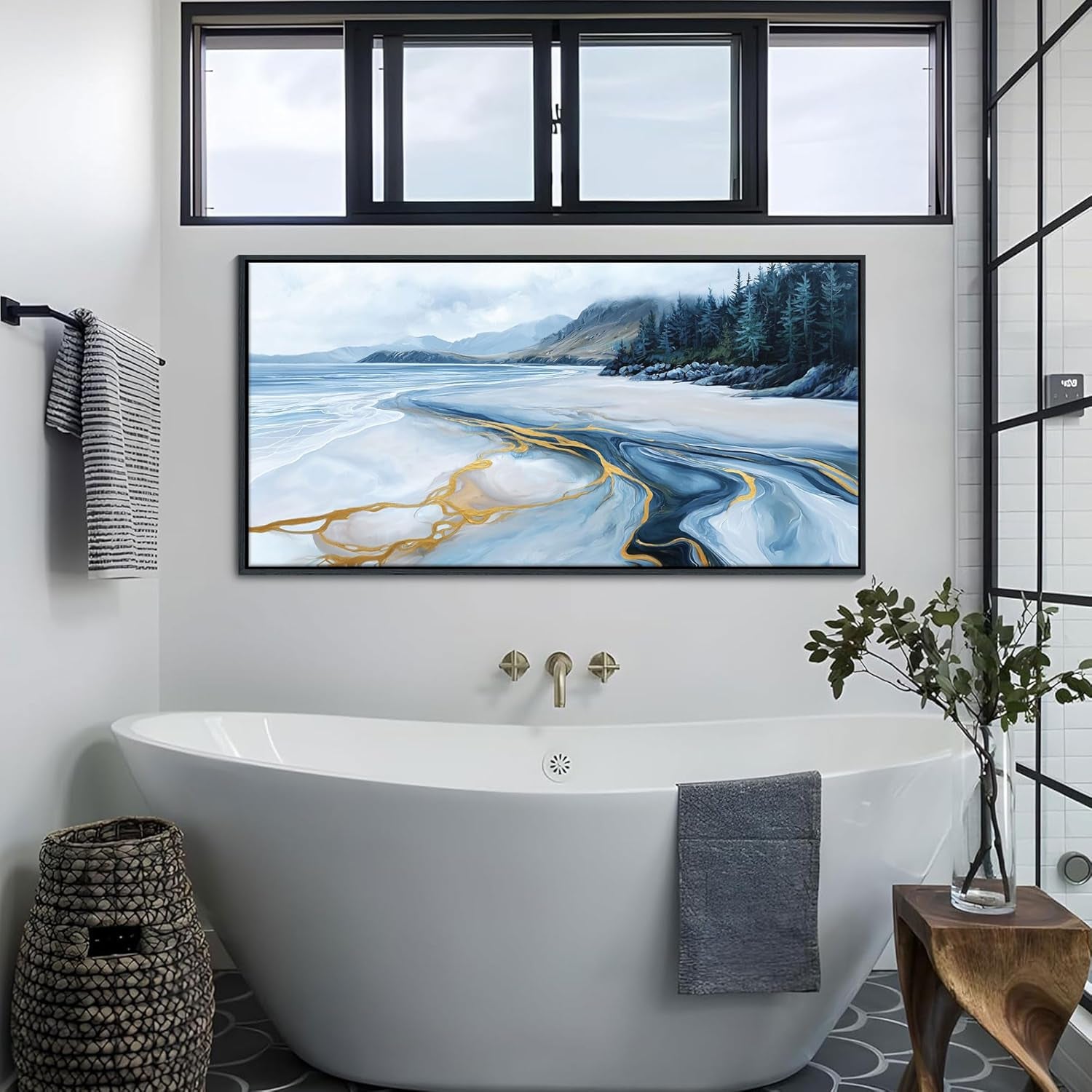 Stunning Blue and Gold Abstract Wall Art - Ocean-Inspired Coastal Decor for Living Room & Bedroom, Framed Landscape Artwork 24×48 IN