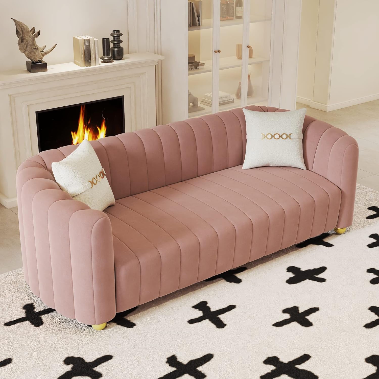 Luxurious 84" Pink Velvet Mid-Century Modern Sofa with Gold Legs - Perfect for Living Room, Bedroom, or Home Office